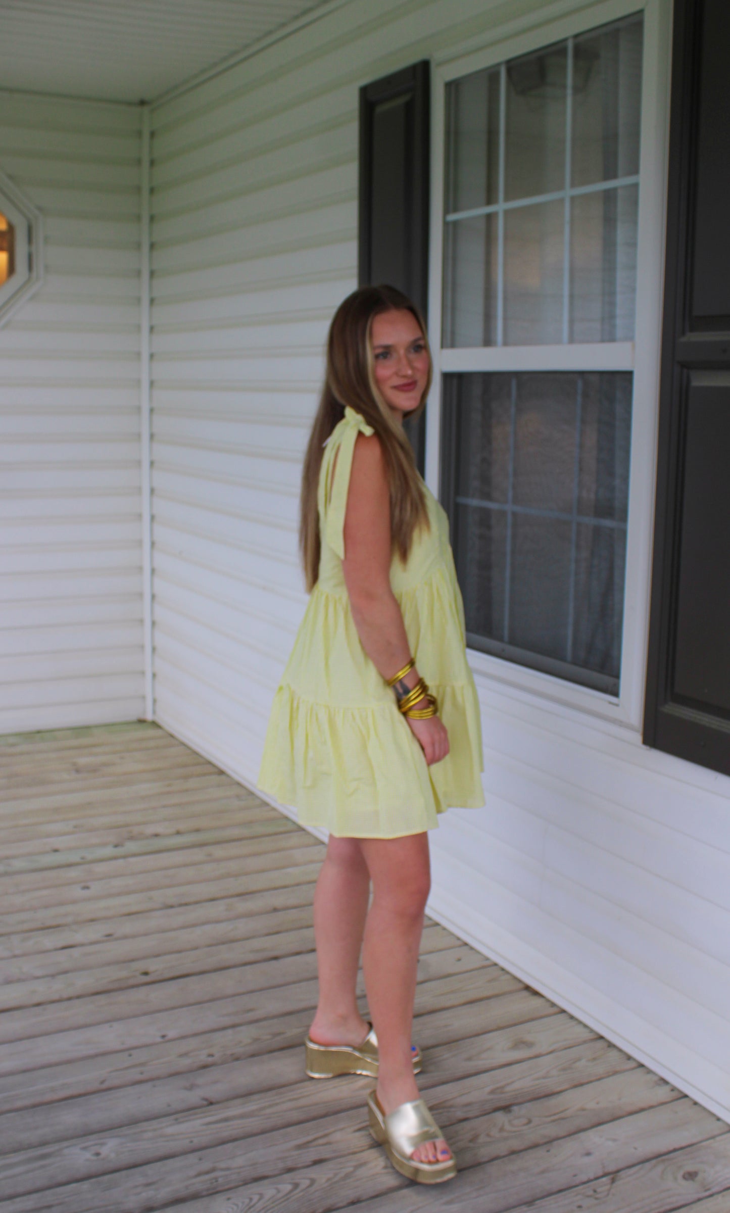 Vanessa Gingham Babydoll Dress, Baby Yellow/White