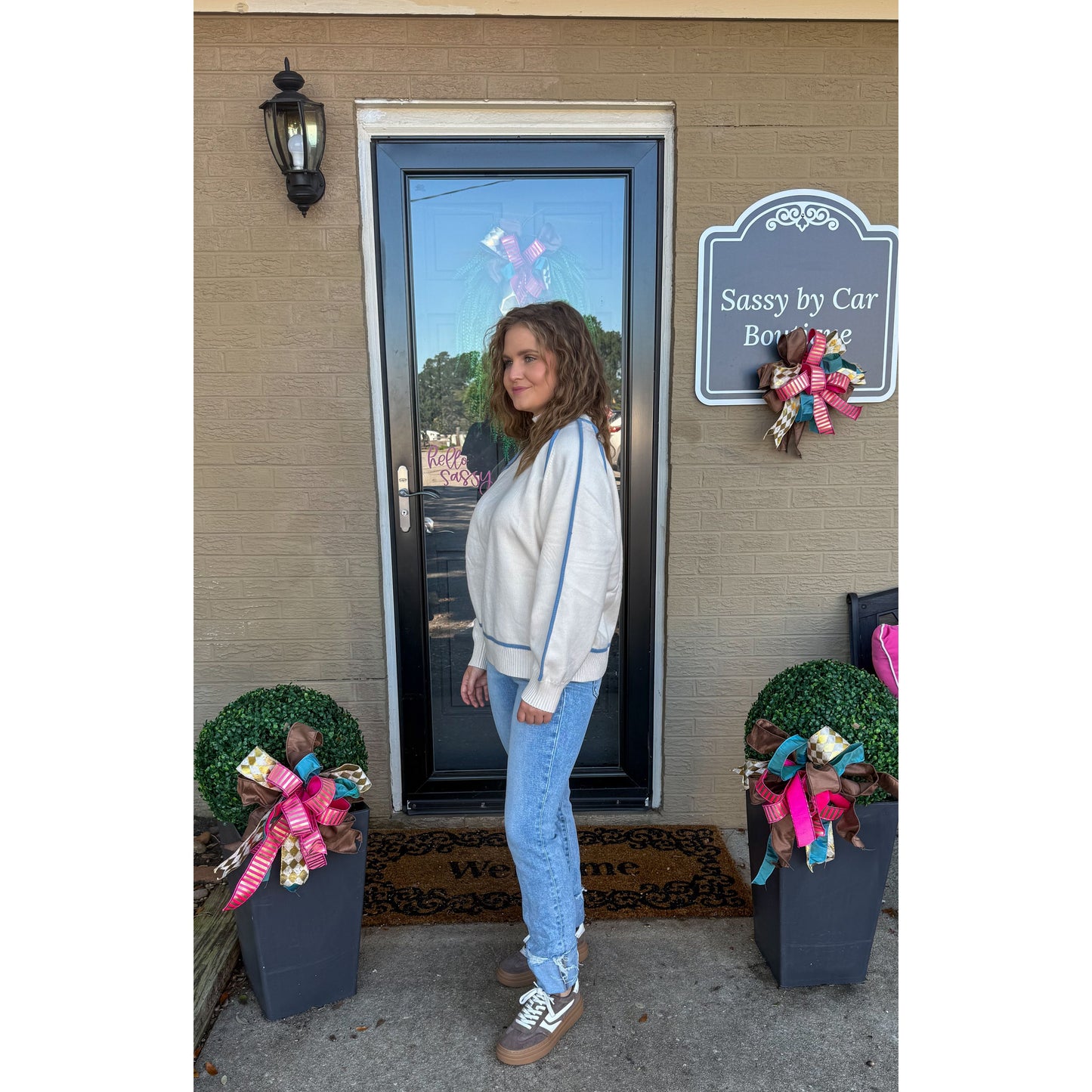 Peyton Sweater, Cream/Baby Blue