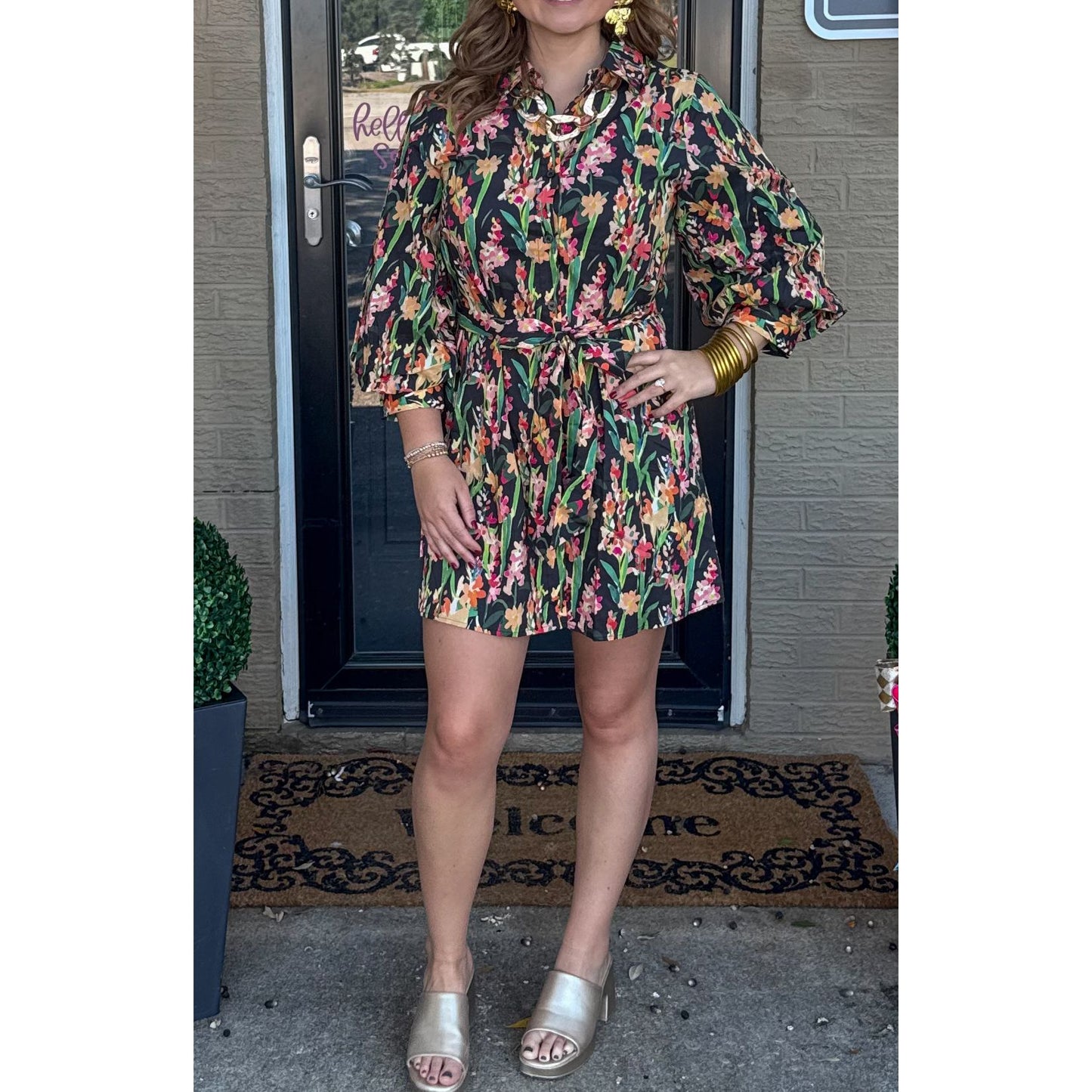 Erin Pattern Mini Dress, Black Multi