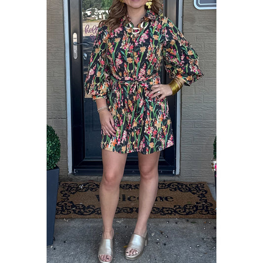 Erin Pattern Mini Dress, Black Multi