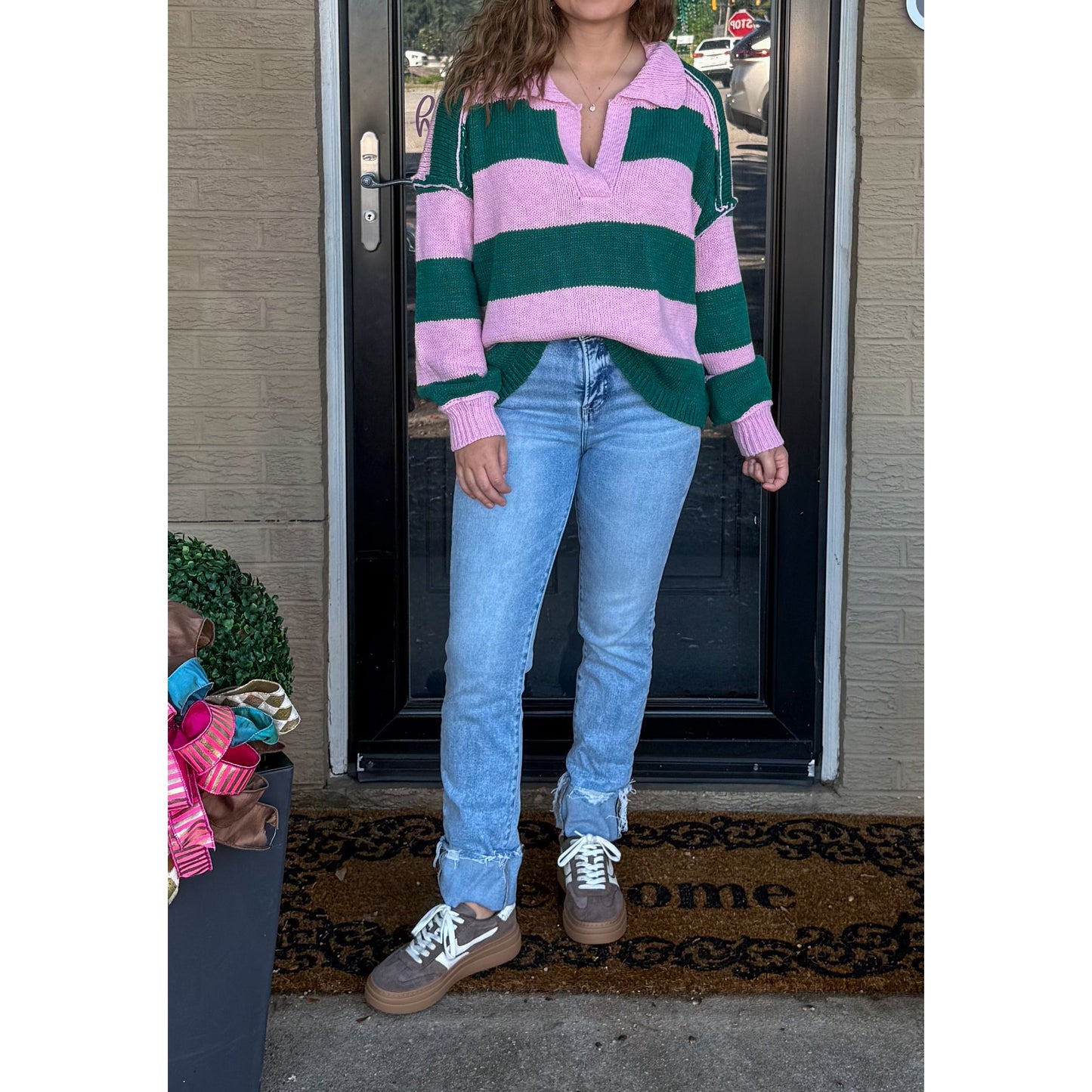 Hunter Stripe Sweater, Pink/Kelly Green