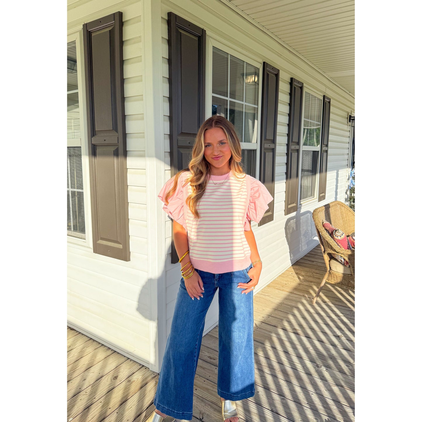 Margo Stripe Top, Light Pink/Cream