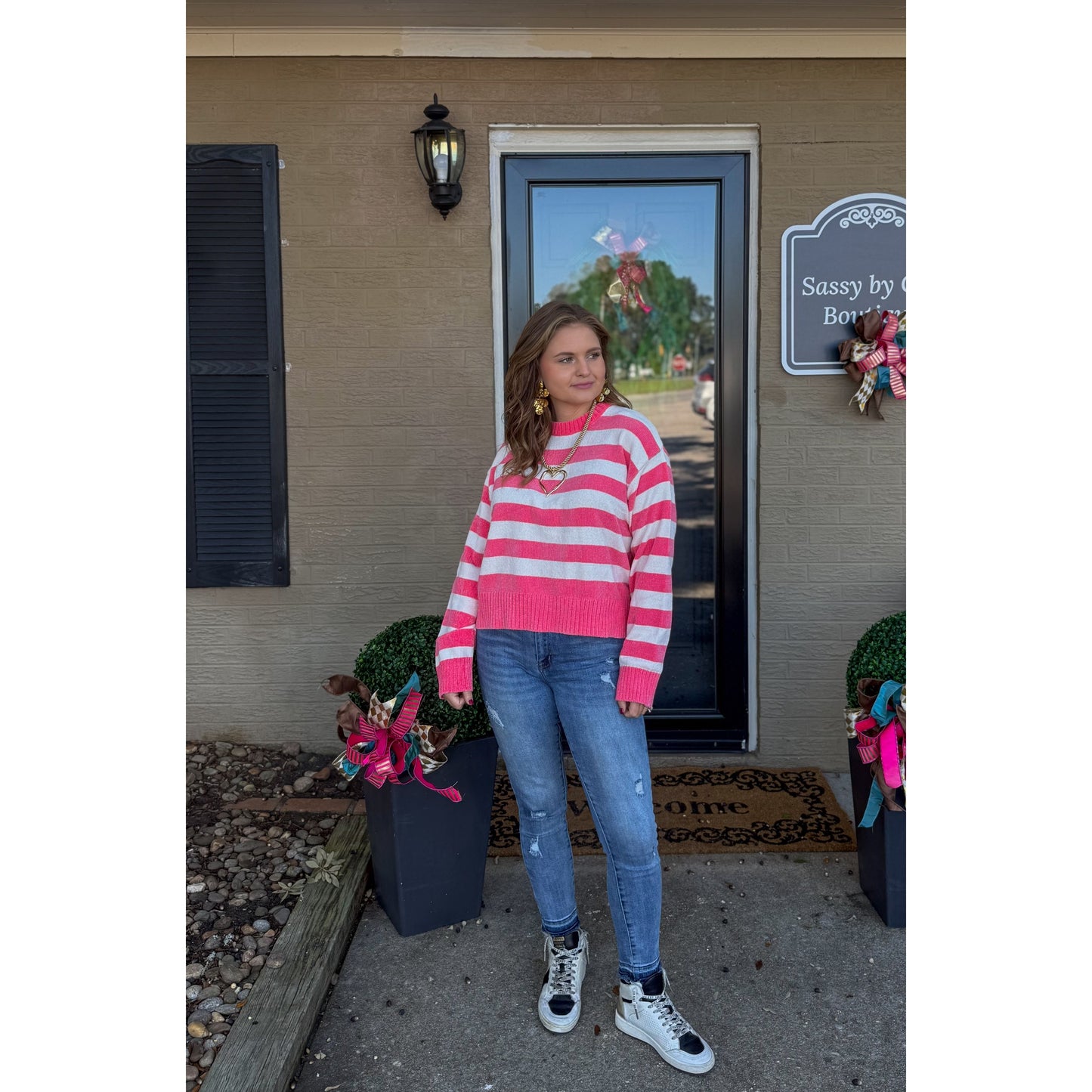Demi Stripe Sweater, Pink/Off White