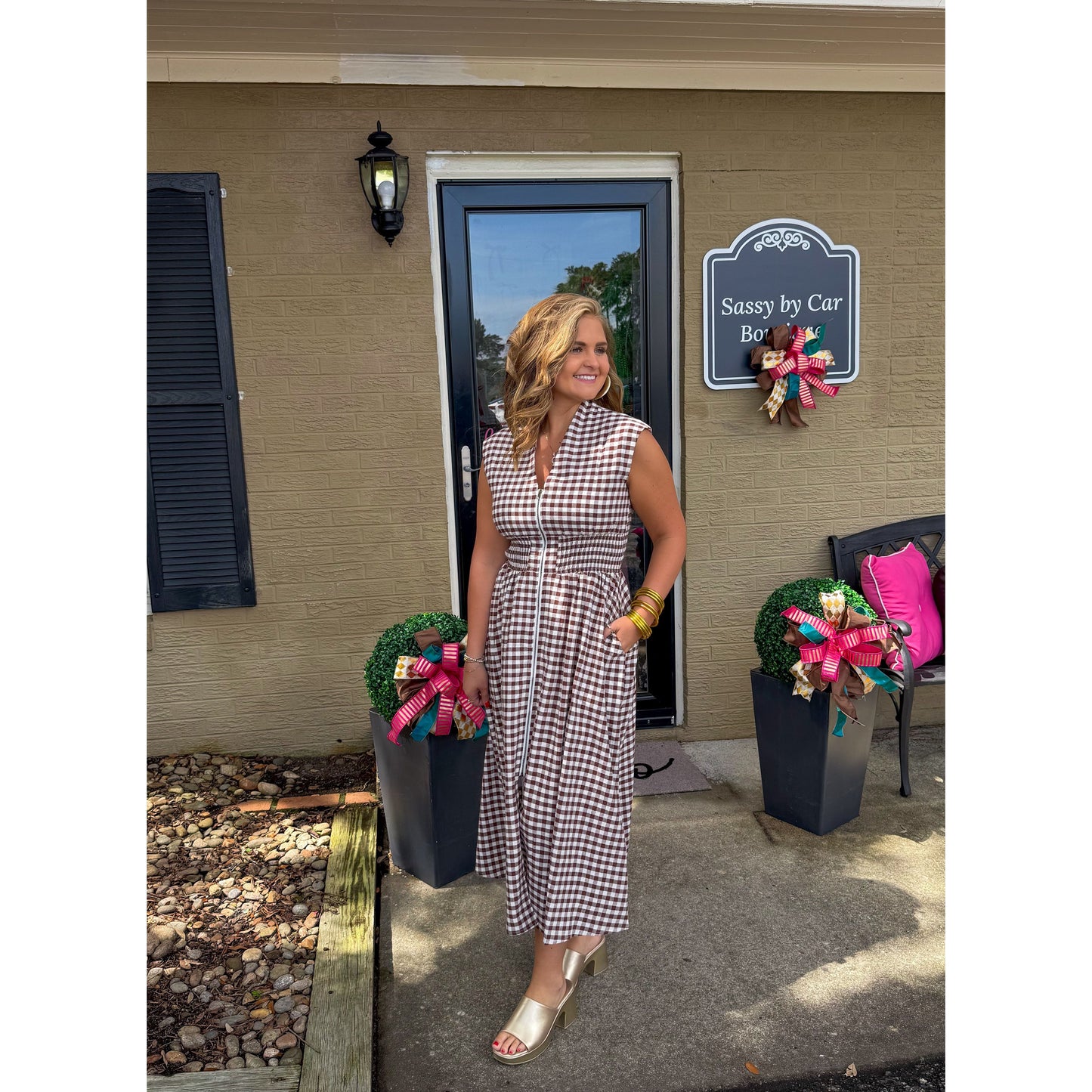 Gingham Detail Midi Dress, Chocolate/White