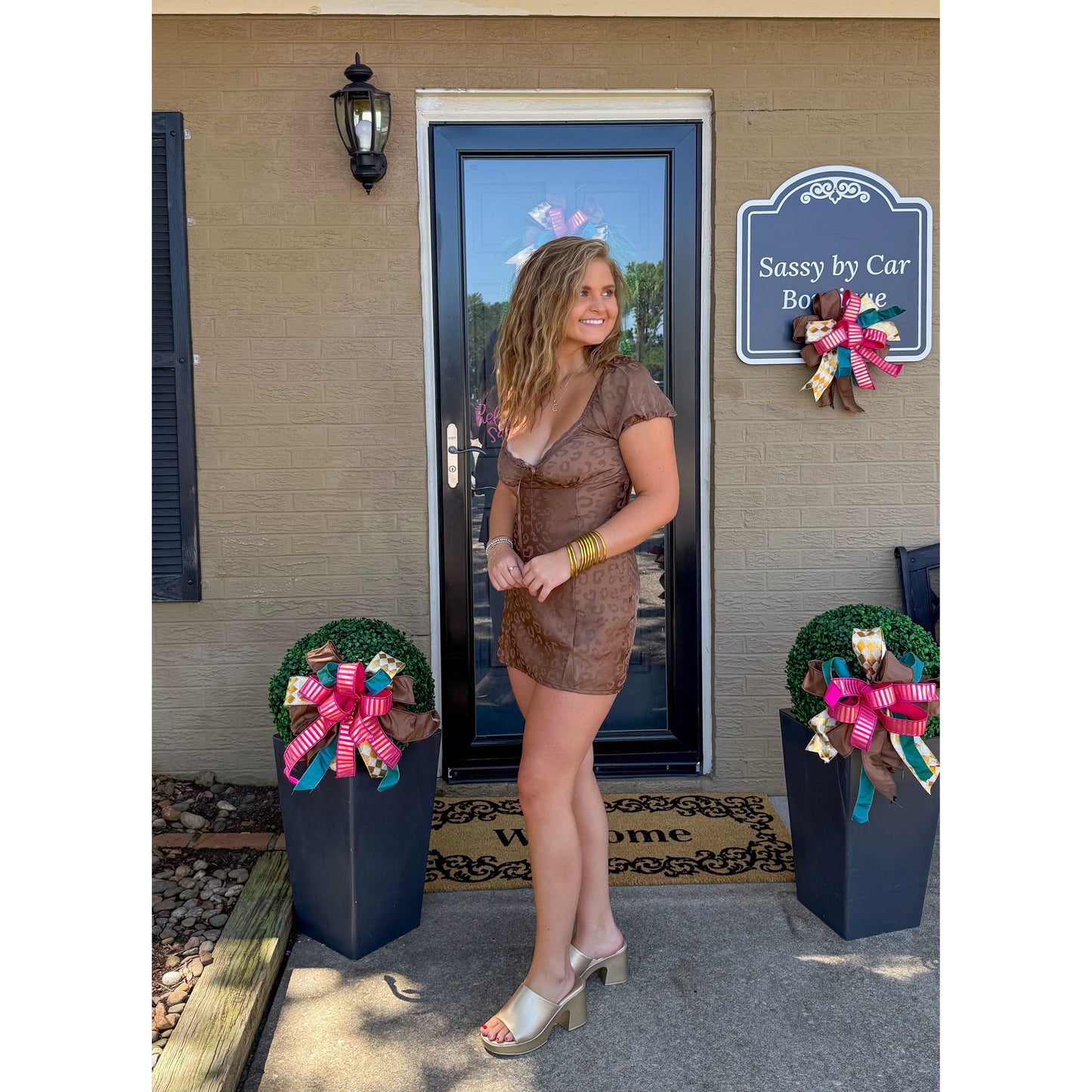 Anna Satin Cheetah Mini Dress, Mocha