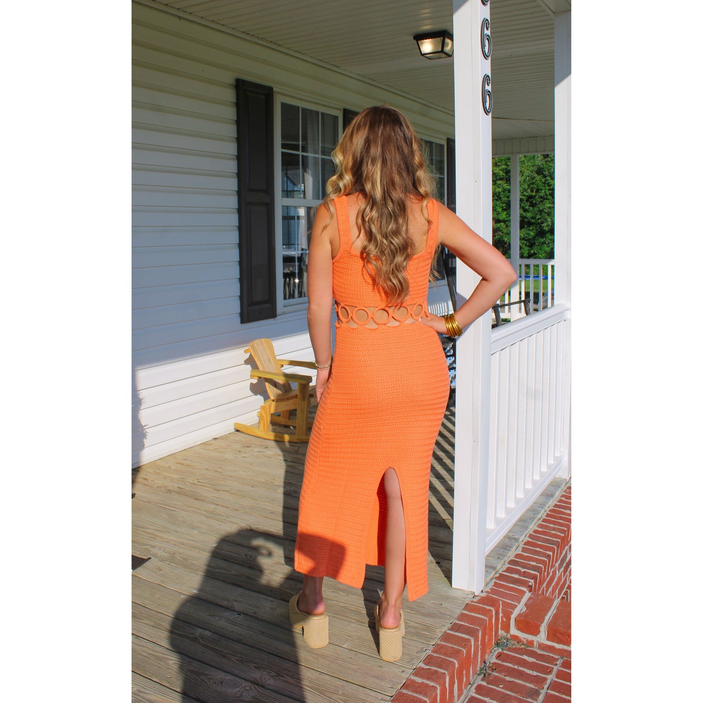 O-Ring Crochet Knit Midi Dress, Clementine Orange