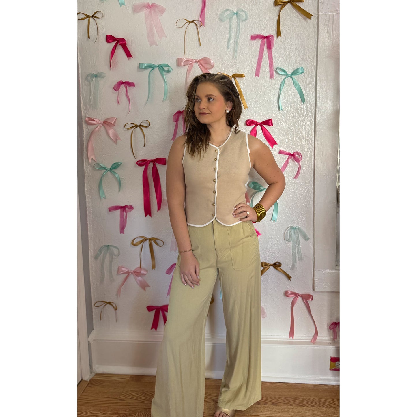 Caroline Button Vest, Taupe/White