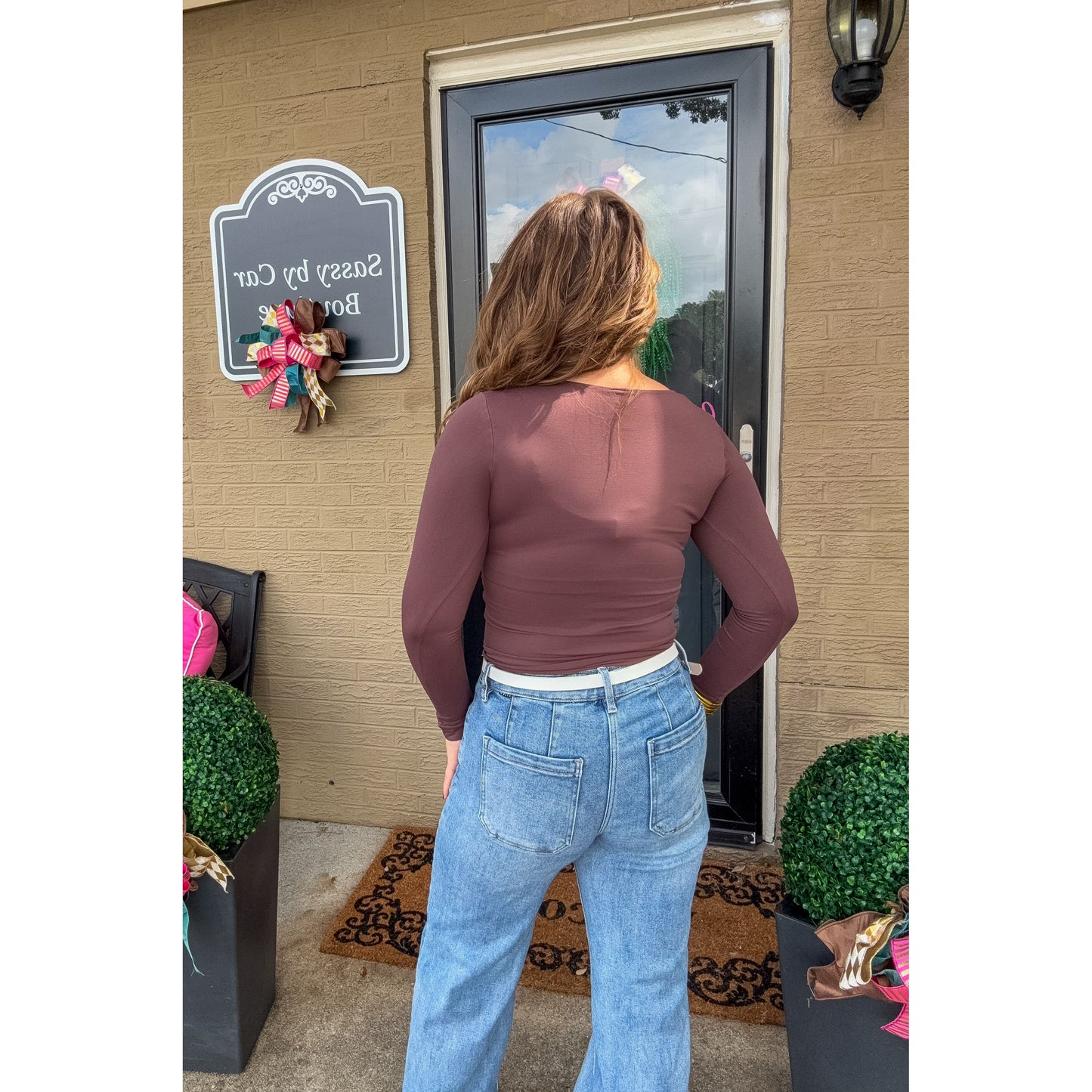 Clean Line Shirred LS Top, Mocha