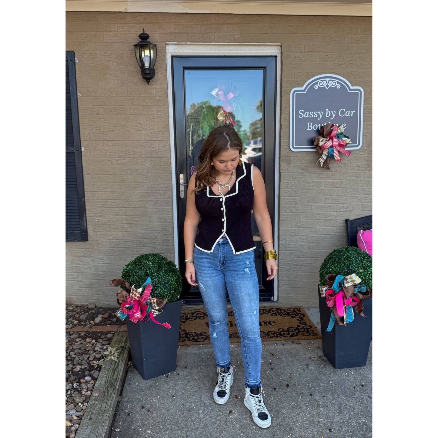 Sabrina Vest, Ivory/Black