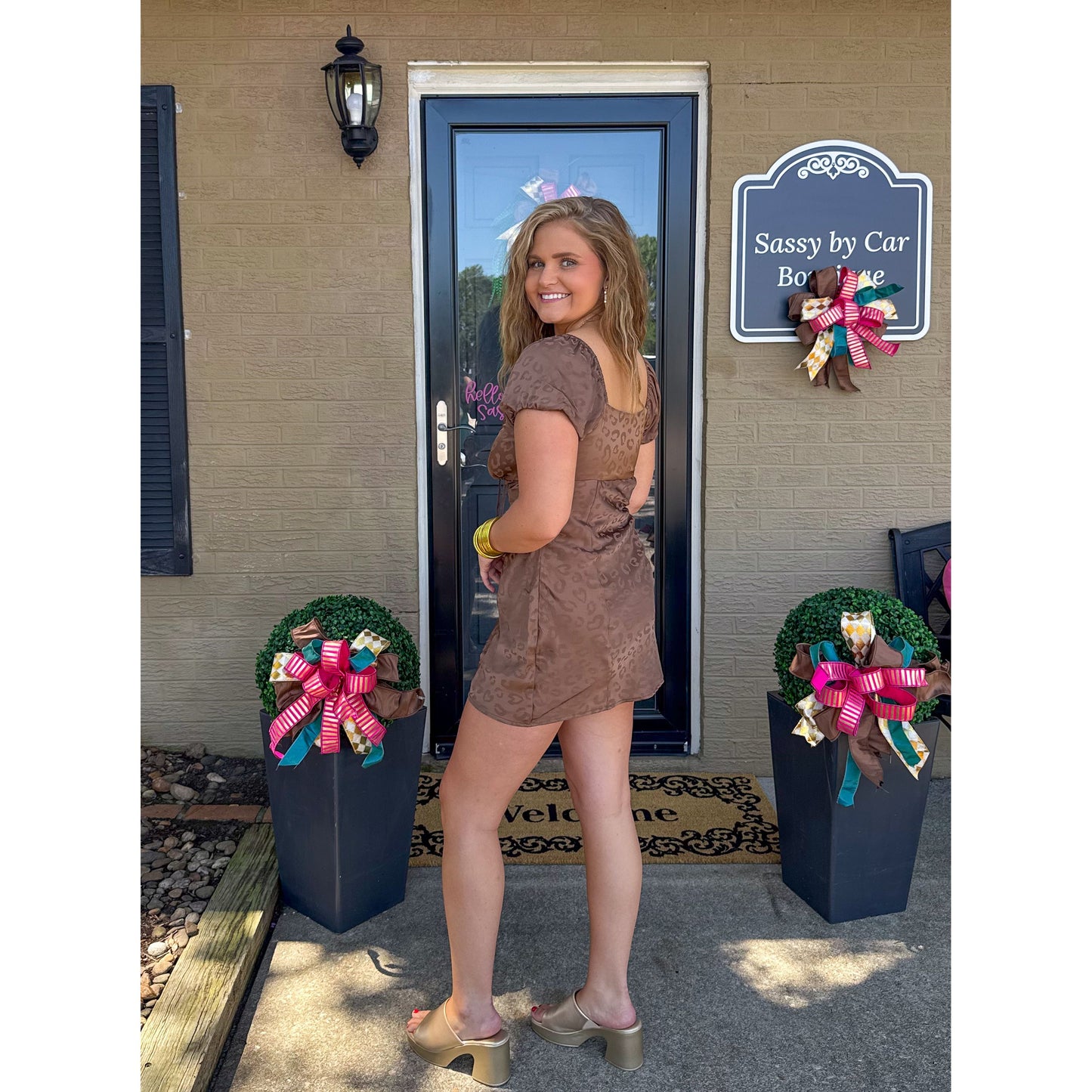 Anna Satin Cheetah Mini Dress, Mocha