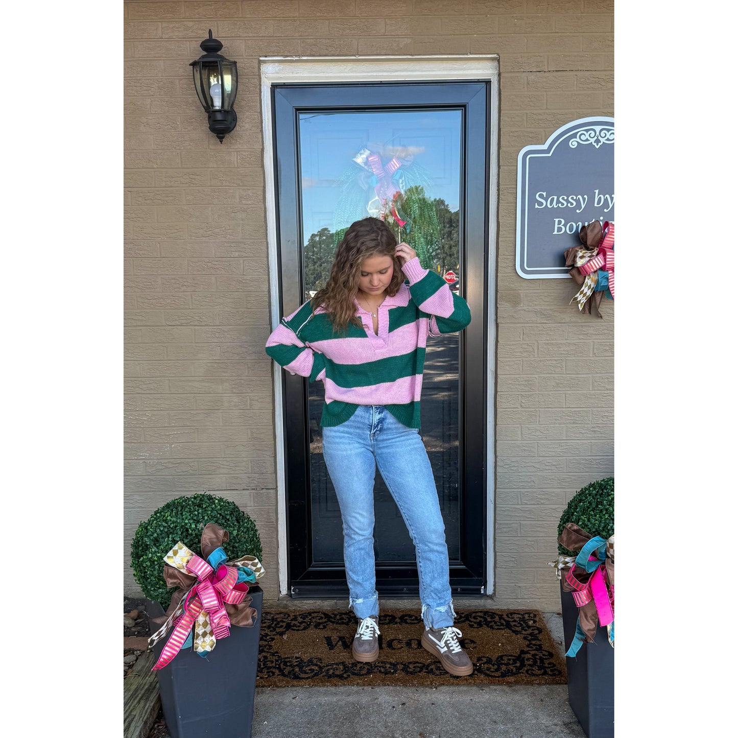 Hunter Stripe Sweater, Pink/Kelly Green