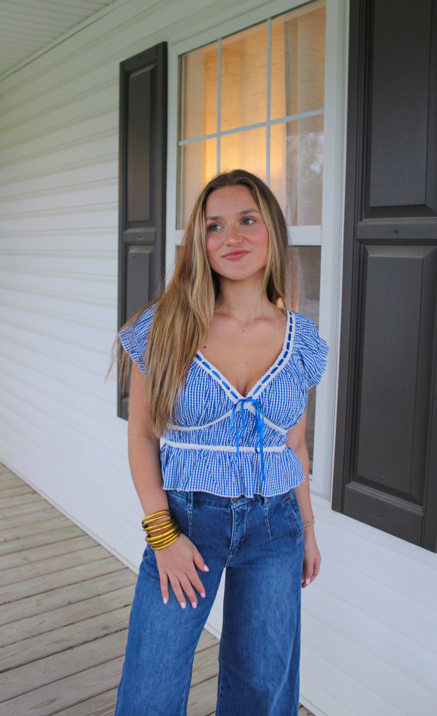 Hattie Gingham Top, Royal Blue/White