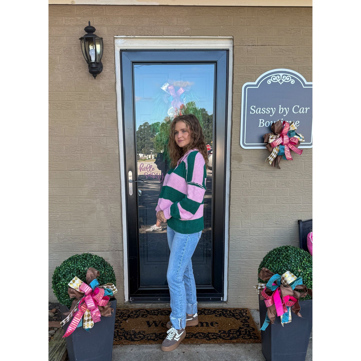 Hunter Stripe Sweater, Pink/Kelly Green