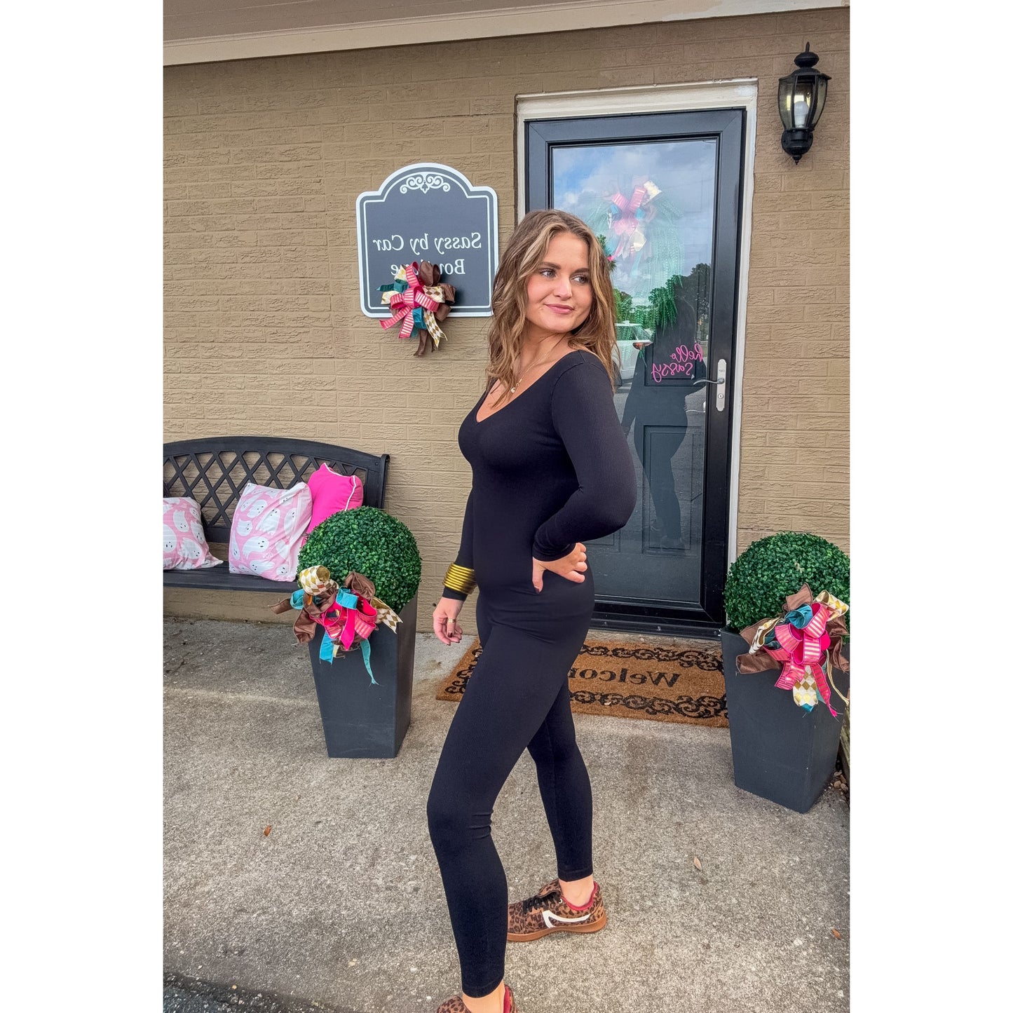 Ribbed Long Sleeve Jumpsuit, Black