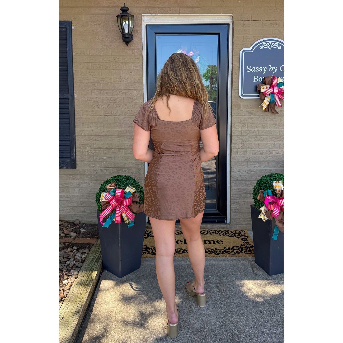 Anna Satin Cheetah Mini Dress, Mocha