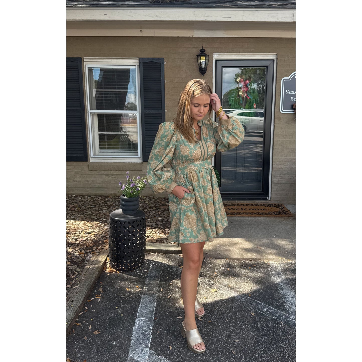 Jordyn Mini Dress, Gold/Sage Green