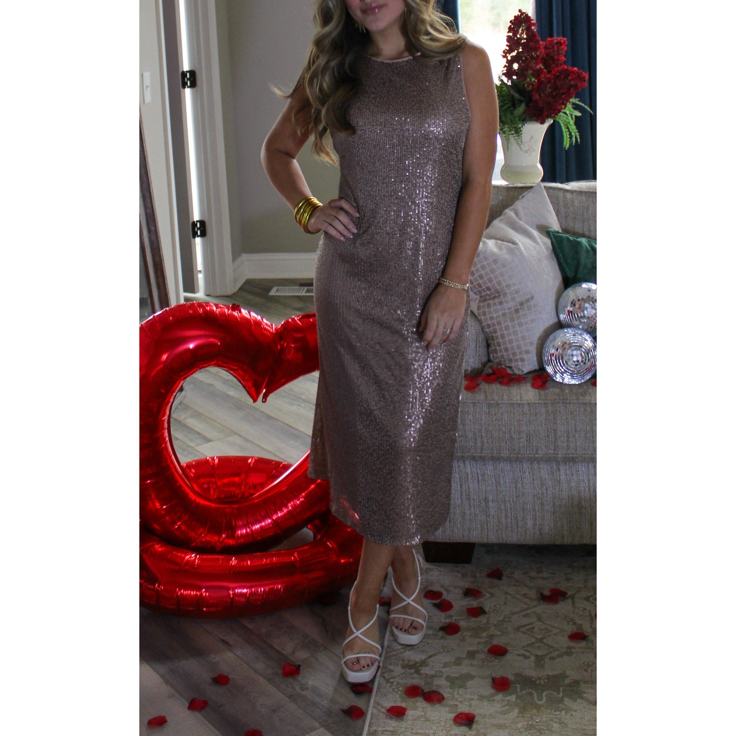 Hunter Sequin Midi Dress, Gold/Mocha