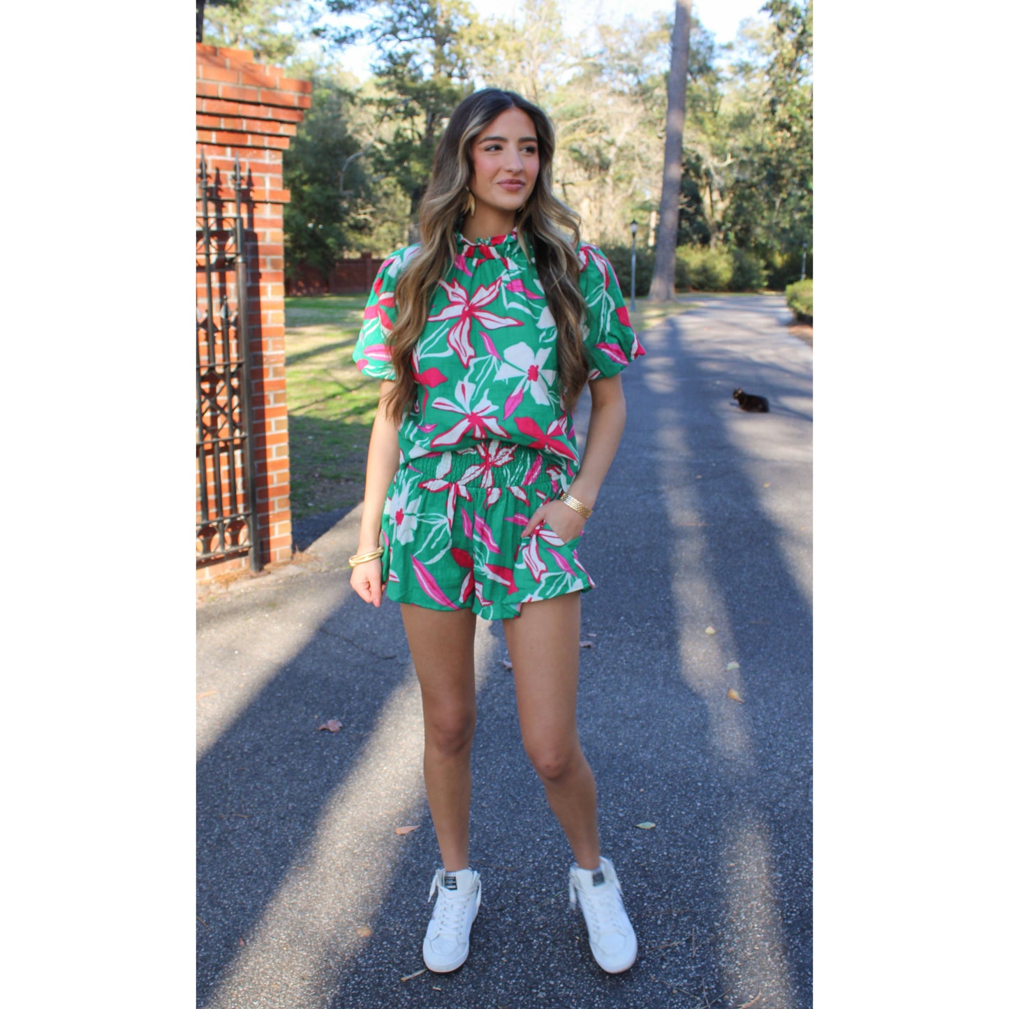 Danielle Flower Smocked Shorts, Green Multi