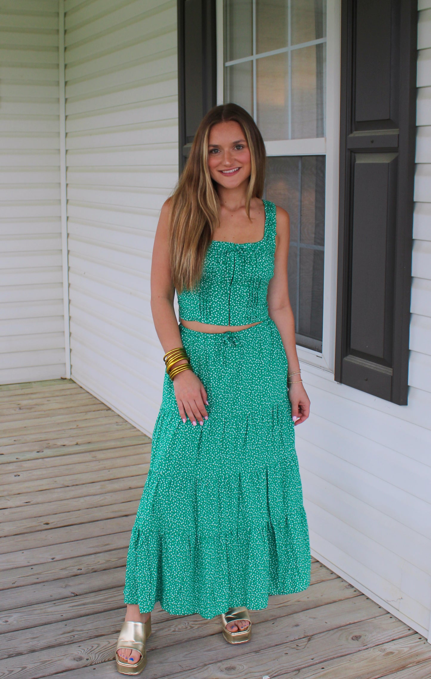 Kayla Floral Two Piece Set, Kelly Green/White