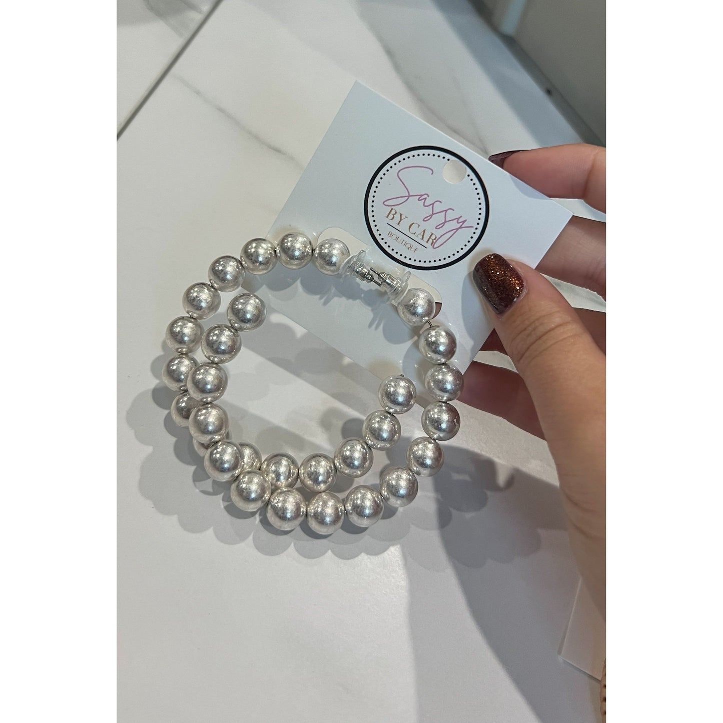 Silver Ball Beaded Hoops