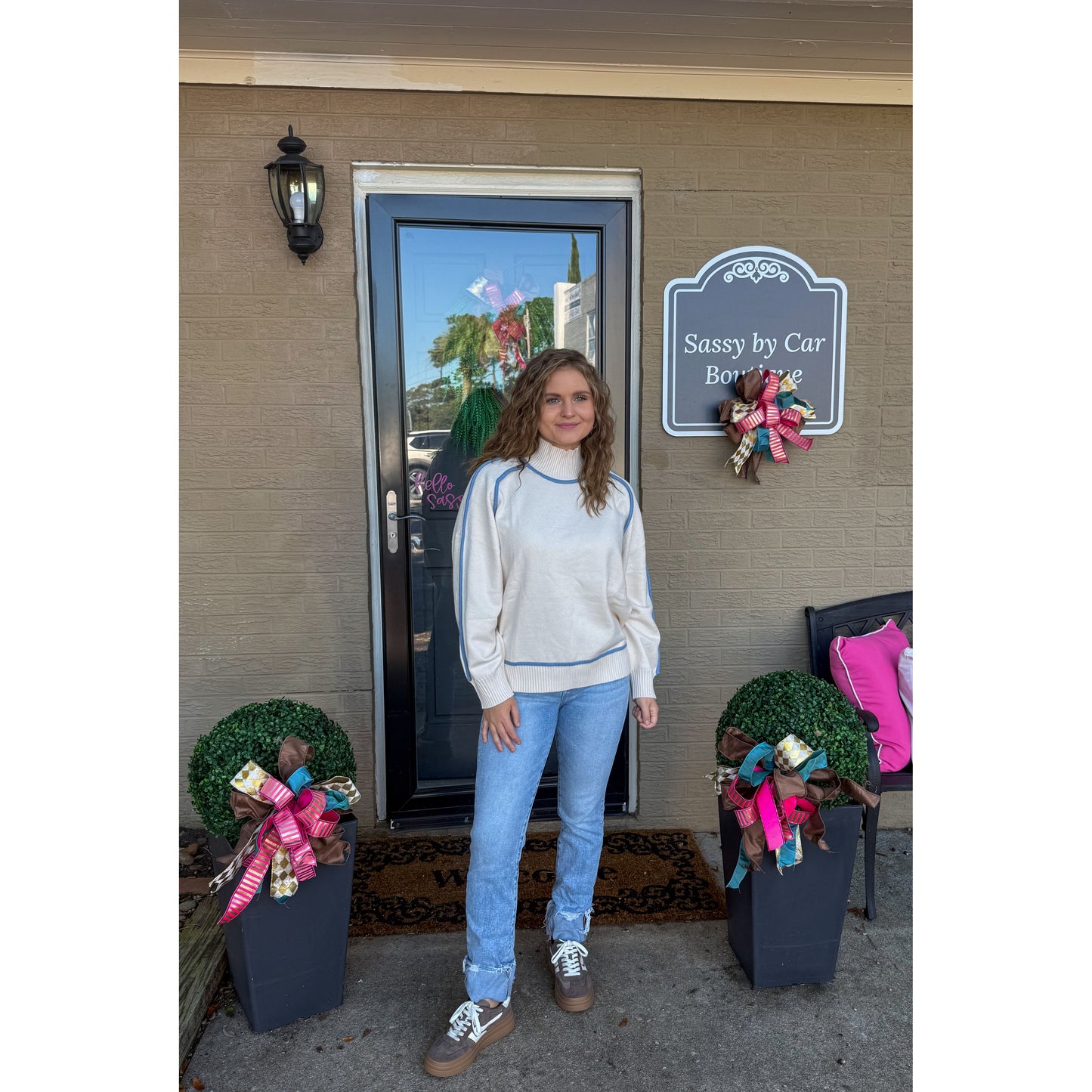 Peyton Sweater, Cream/Baby Blue