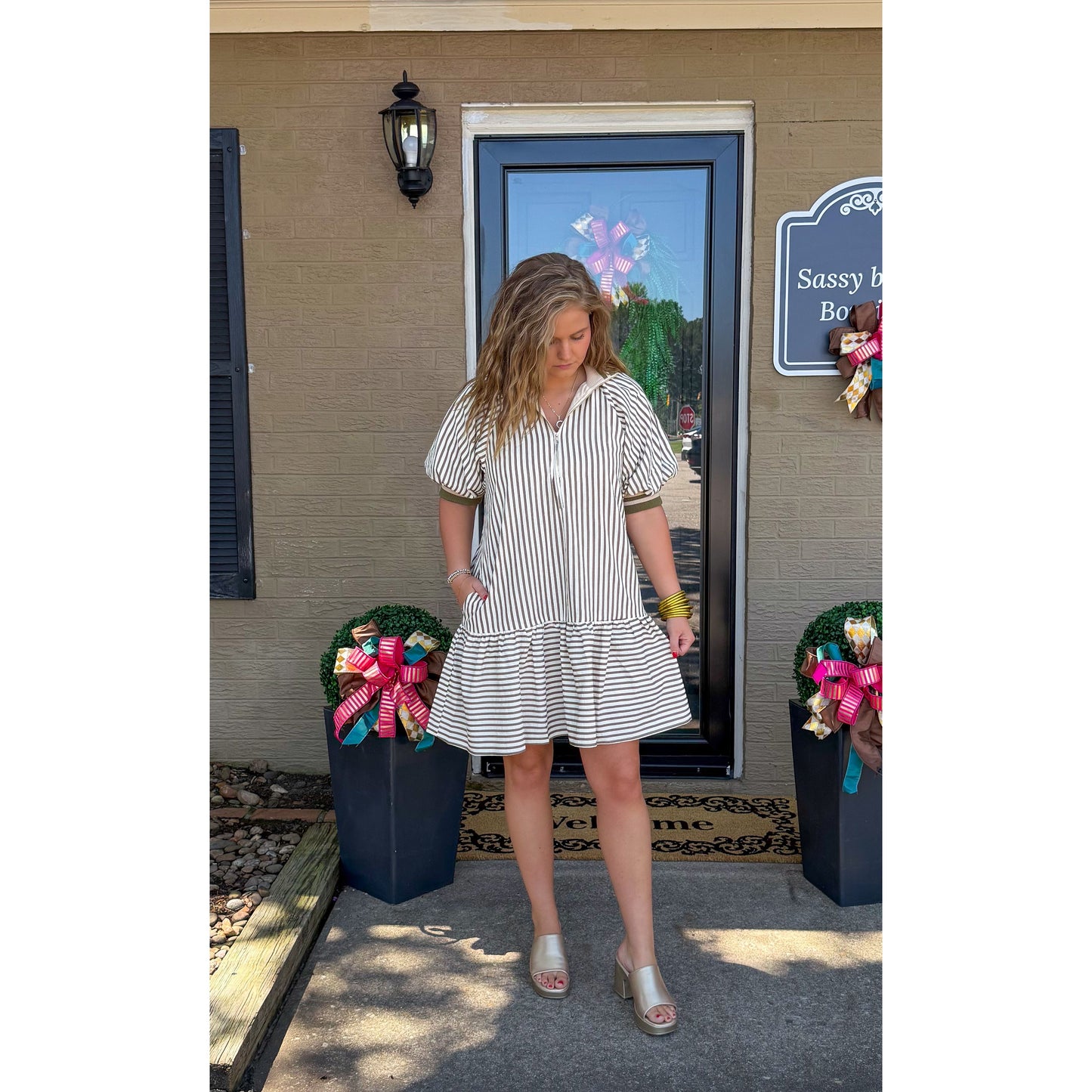 Haley Stripe Mini Dress, Cream/Olive