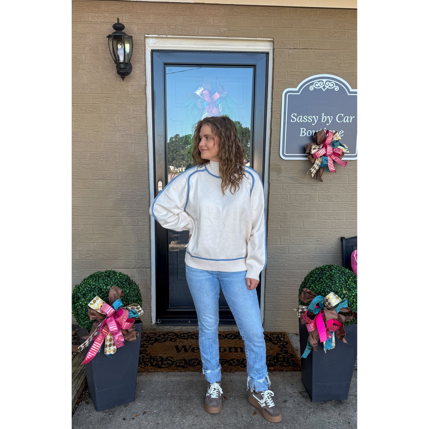 Peyton Sweater, Cream/Baby Blue