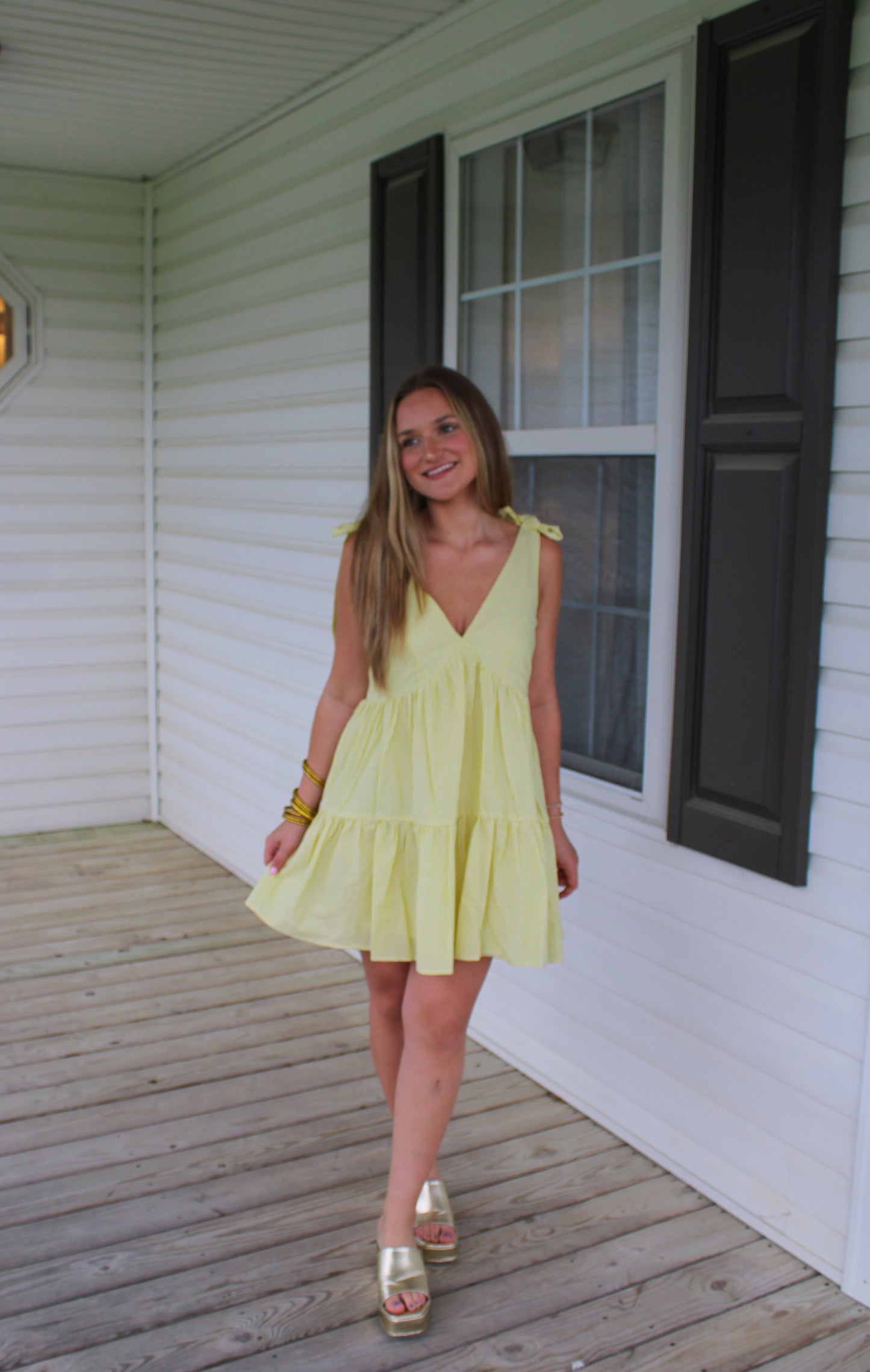 Vanessa Gingham Babydoll Dress, Baby Yellow/White