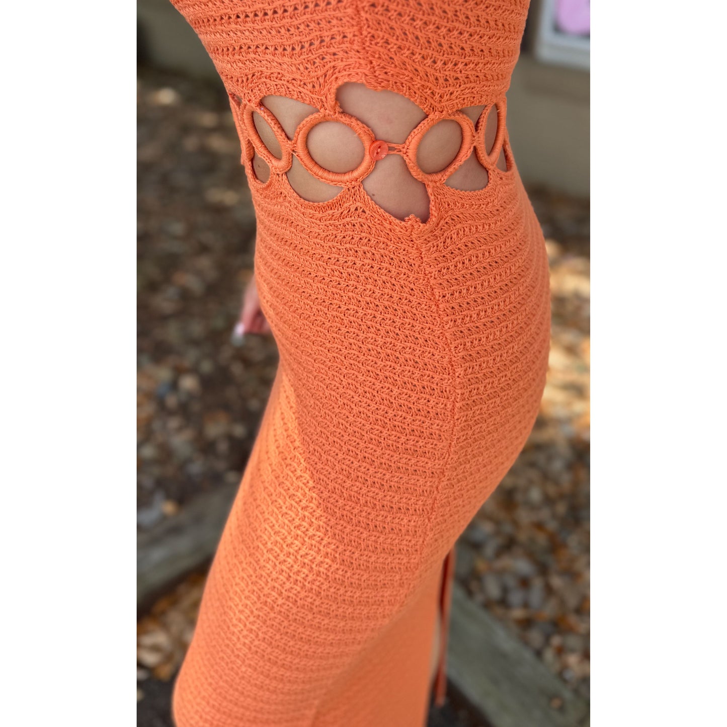 O-Ring Crochet Midi Dress, Orange
