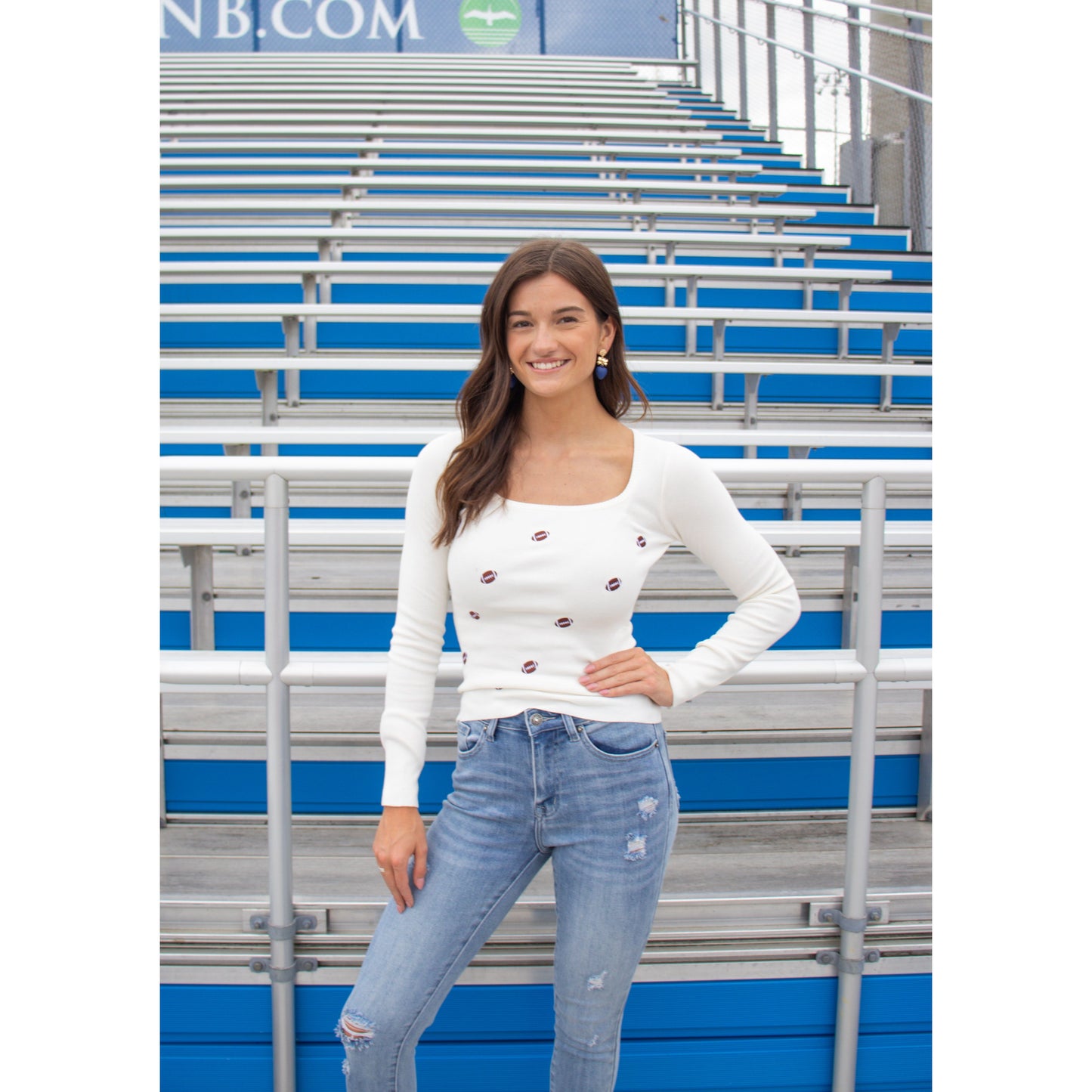 Sweater Knit Top w/ Footballs, Ivory