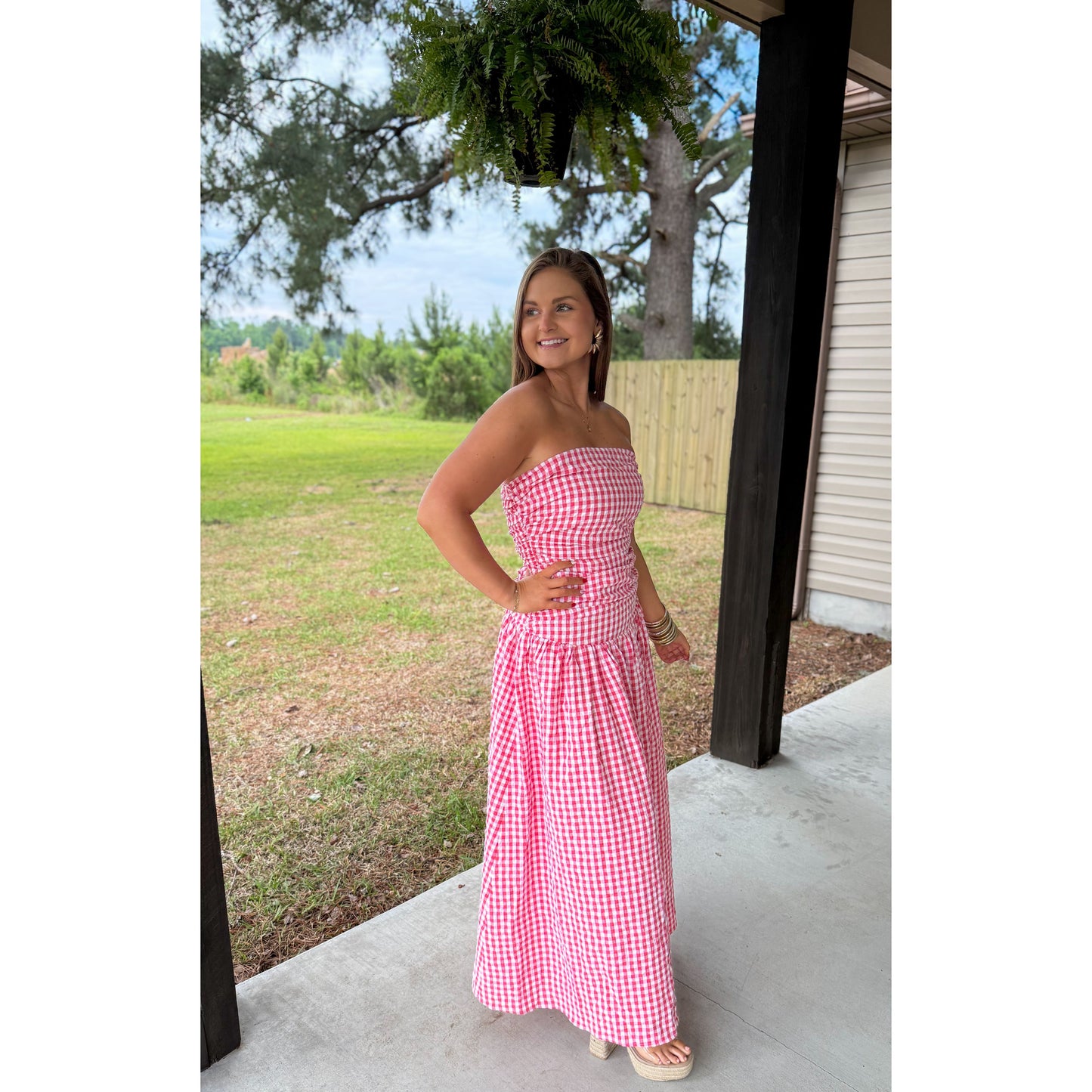 Strapless Gingham Maxi Dress, Red/White