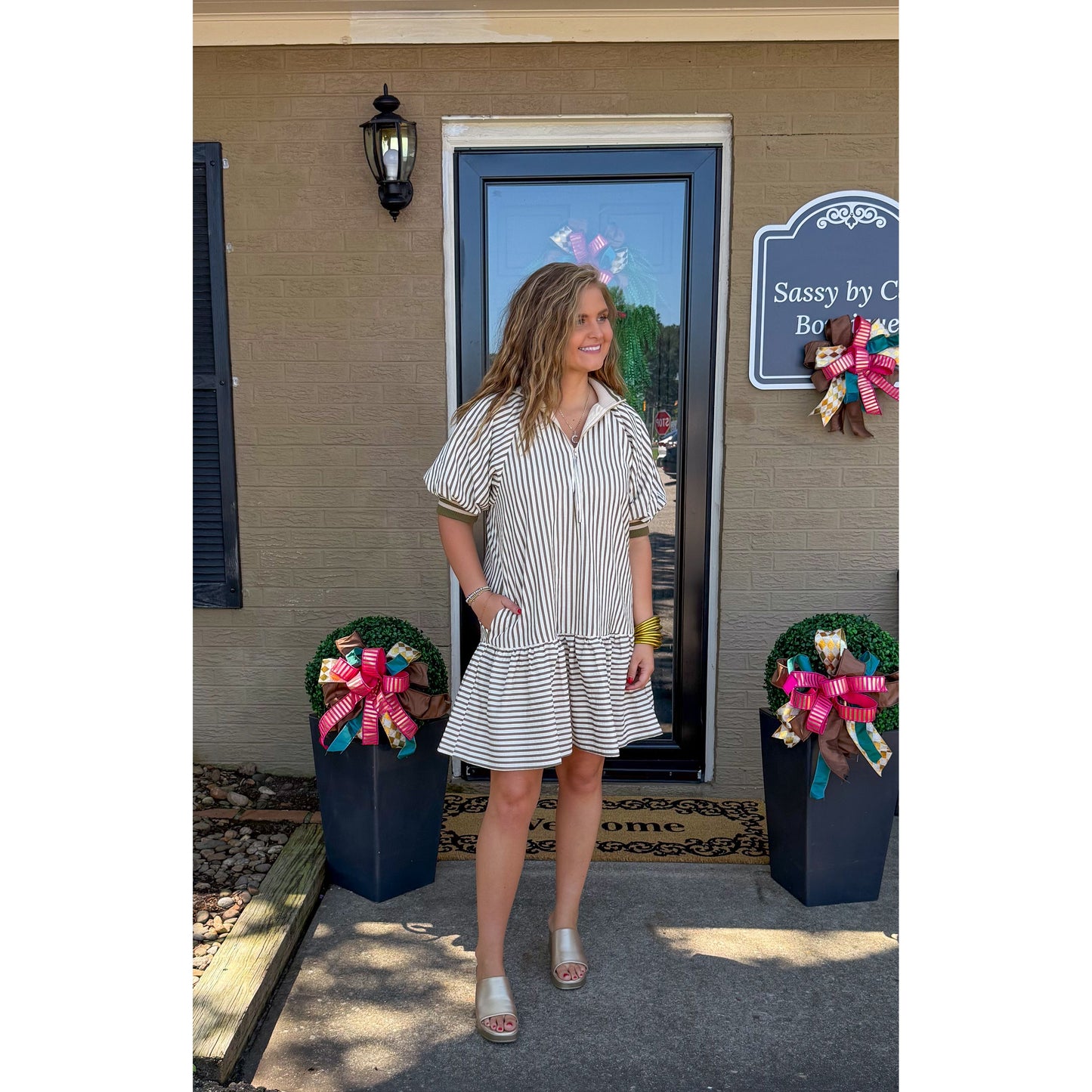 Haley Stripe Mini Dress, Cream/Olive