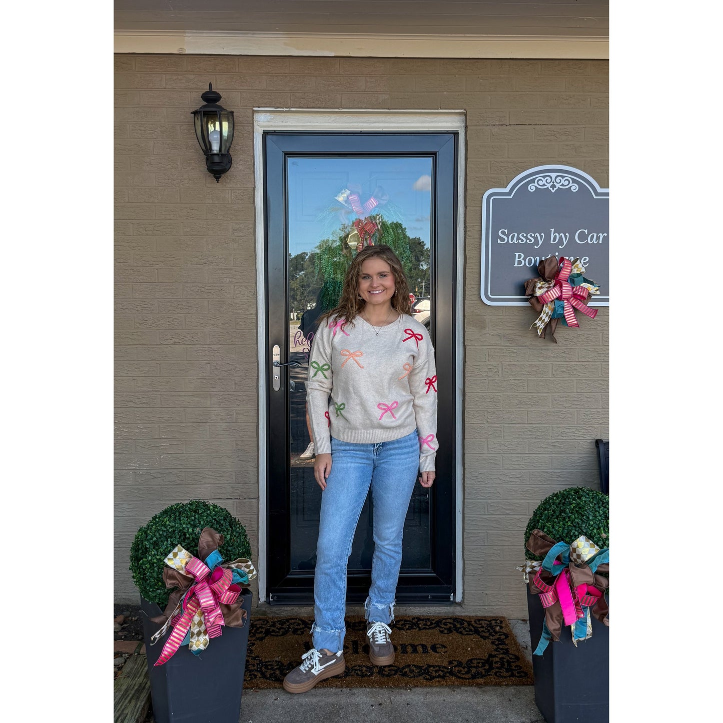 Multi-Color Bow Sweater, Taupe Multi