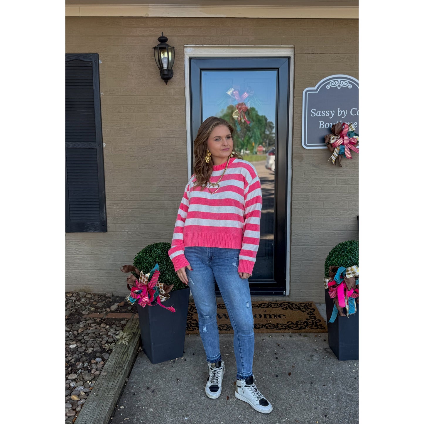 Demi Stripe Sweater, Pink/Off White