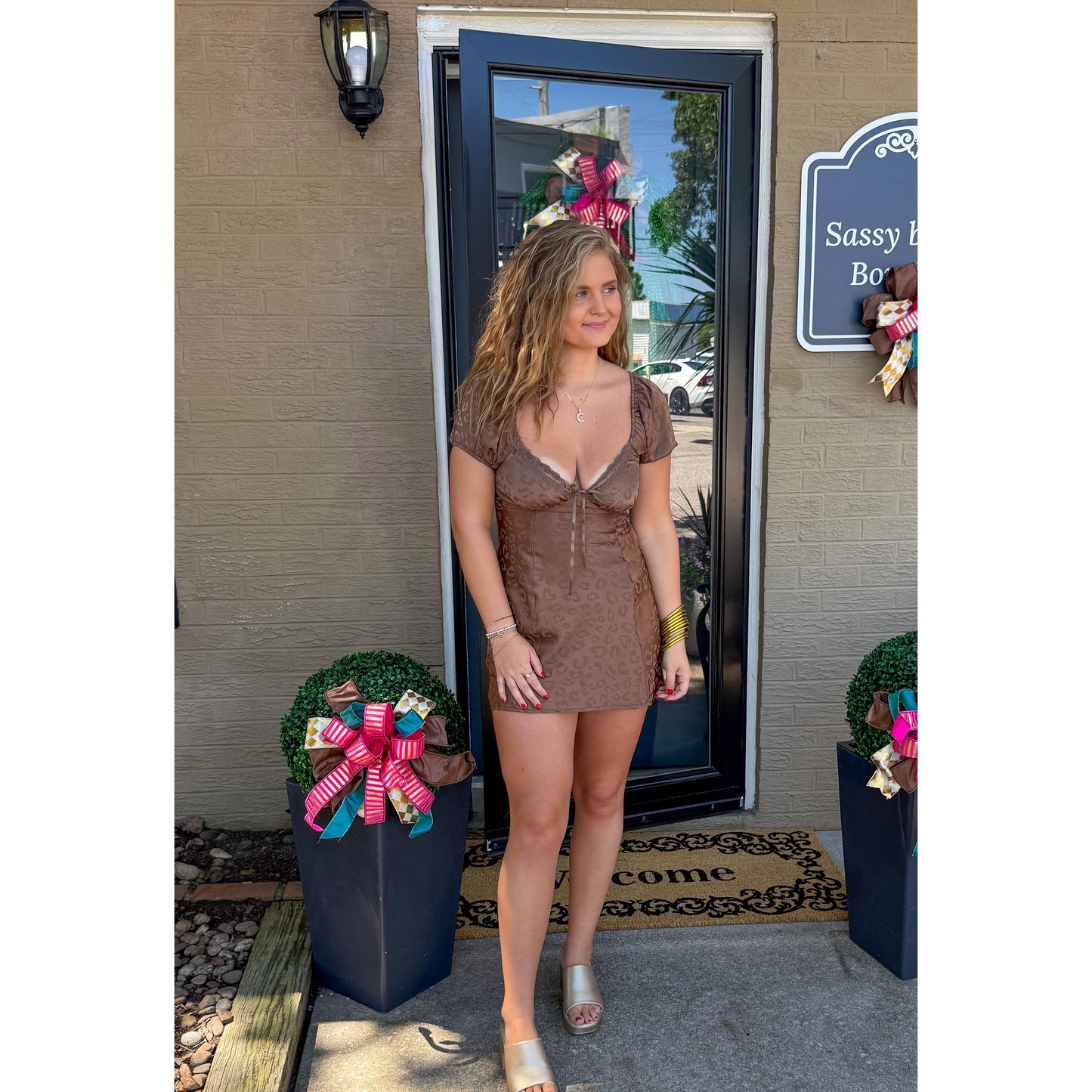 Anna Satin Cheetah Mini Dress, Mocha