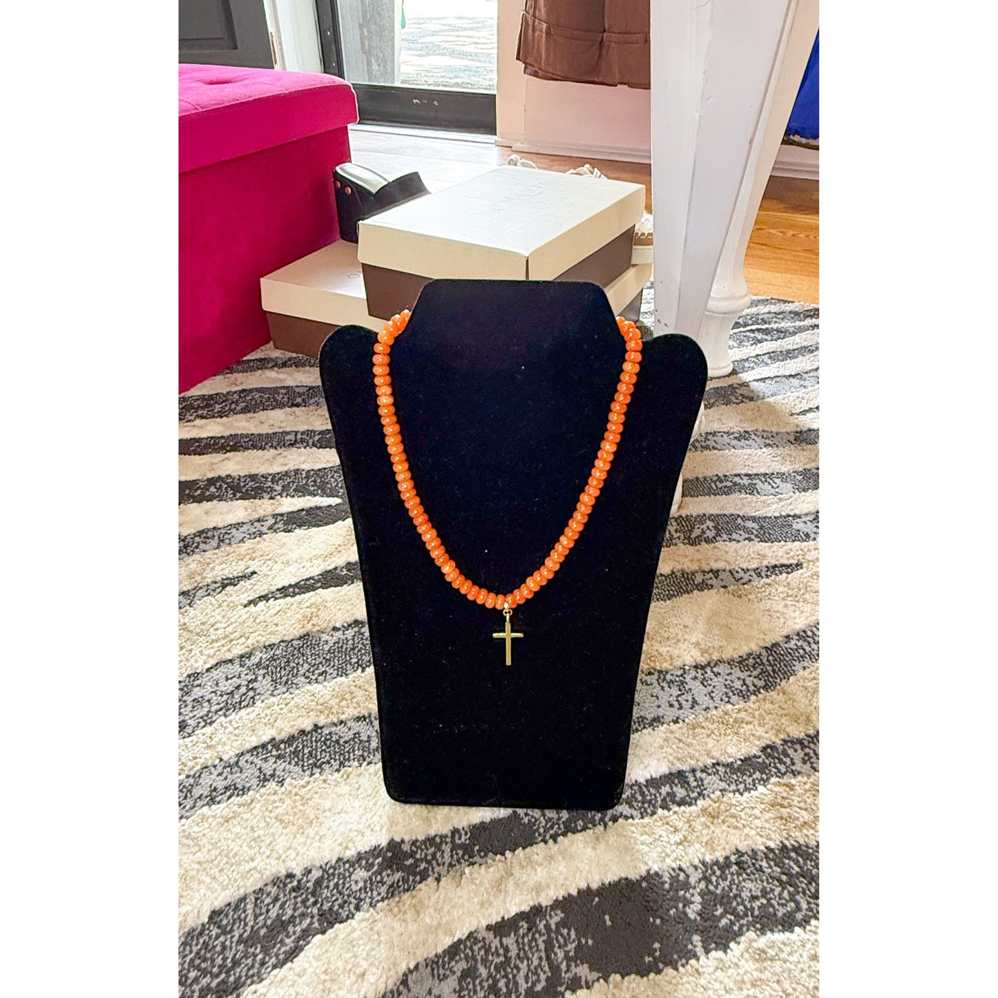 Orange Beaded Necklace w/ Cross