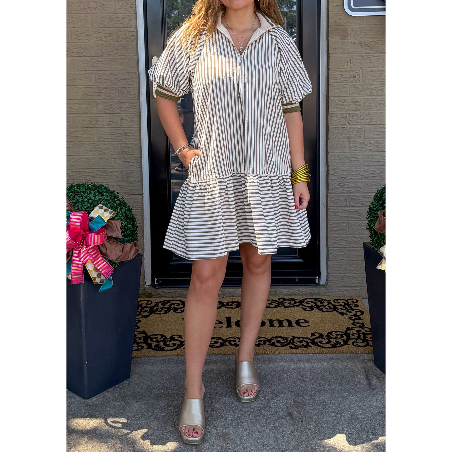Haley Stripe Mini Dress, Cream/Olive