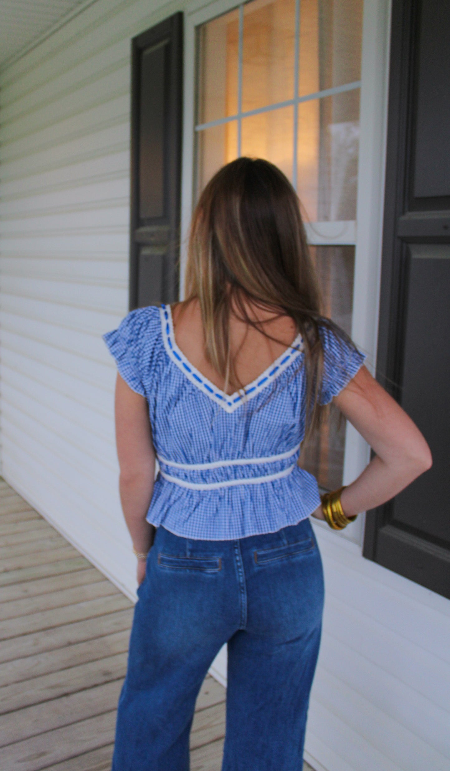 Hattie Gingham Top, Royal Blue/White