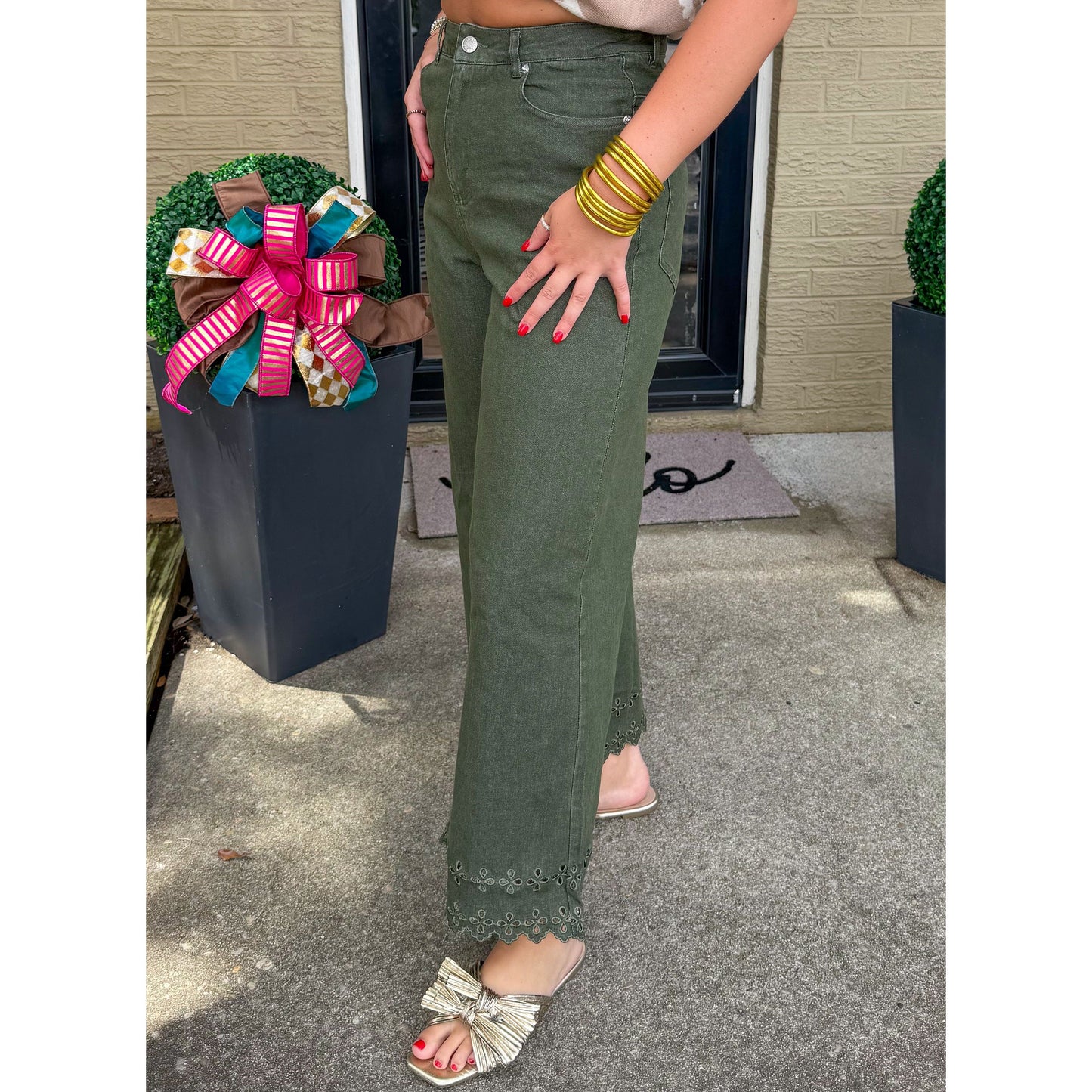 Eyelet Lace Denim Jeans, Olive Green