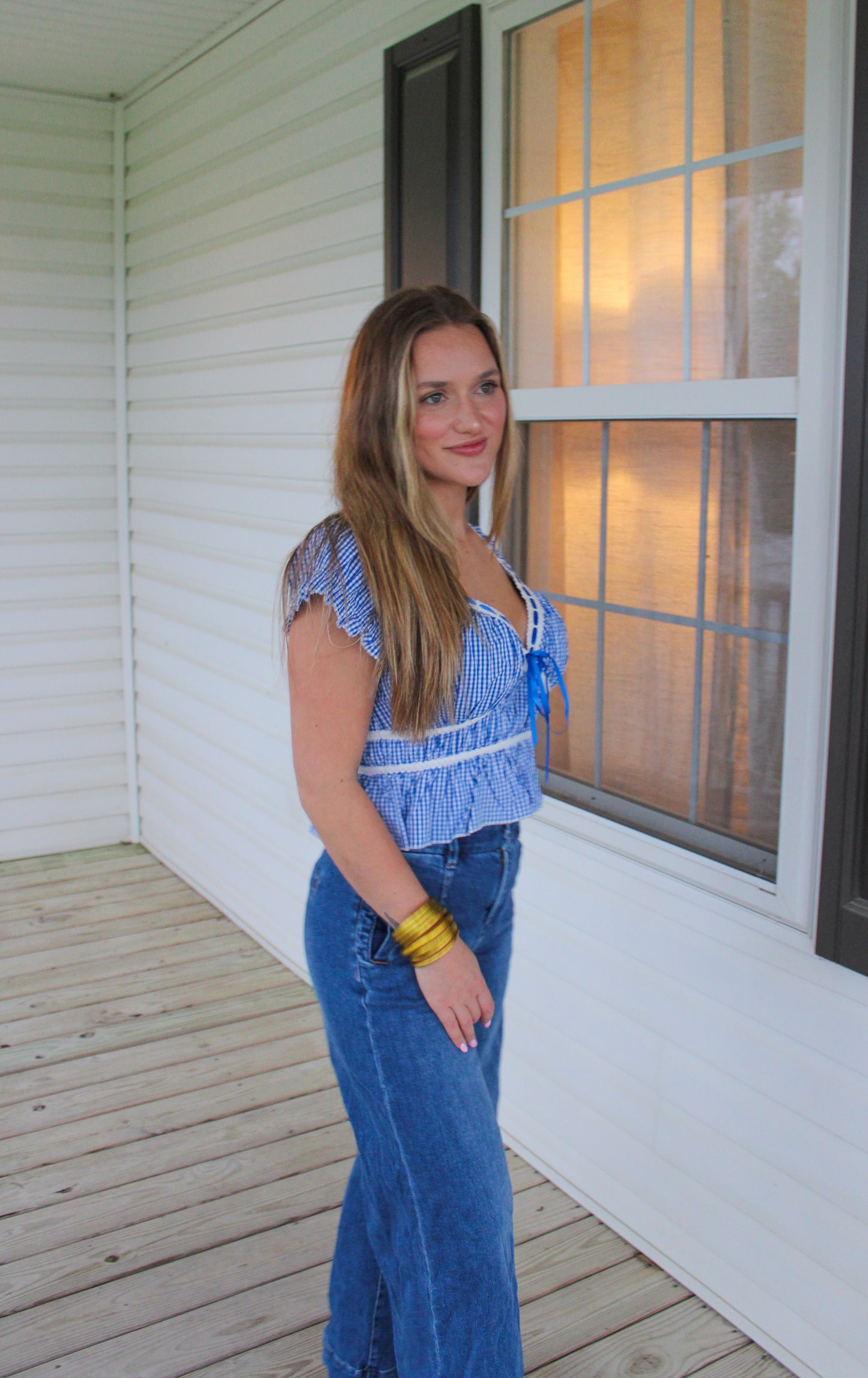 Hattie Gingham Top, Royal Blue/White