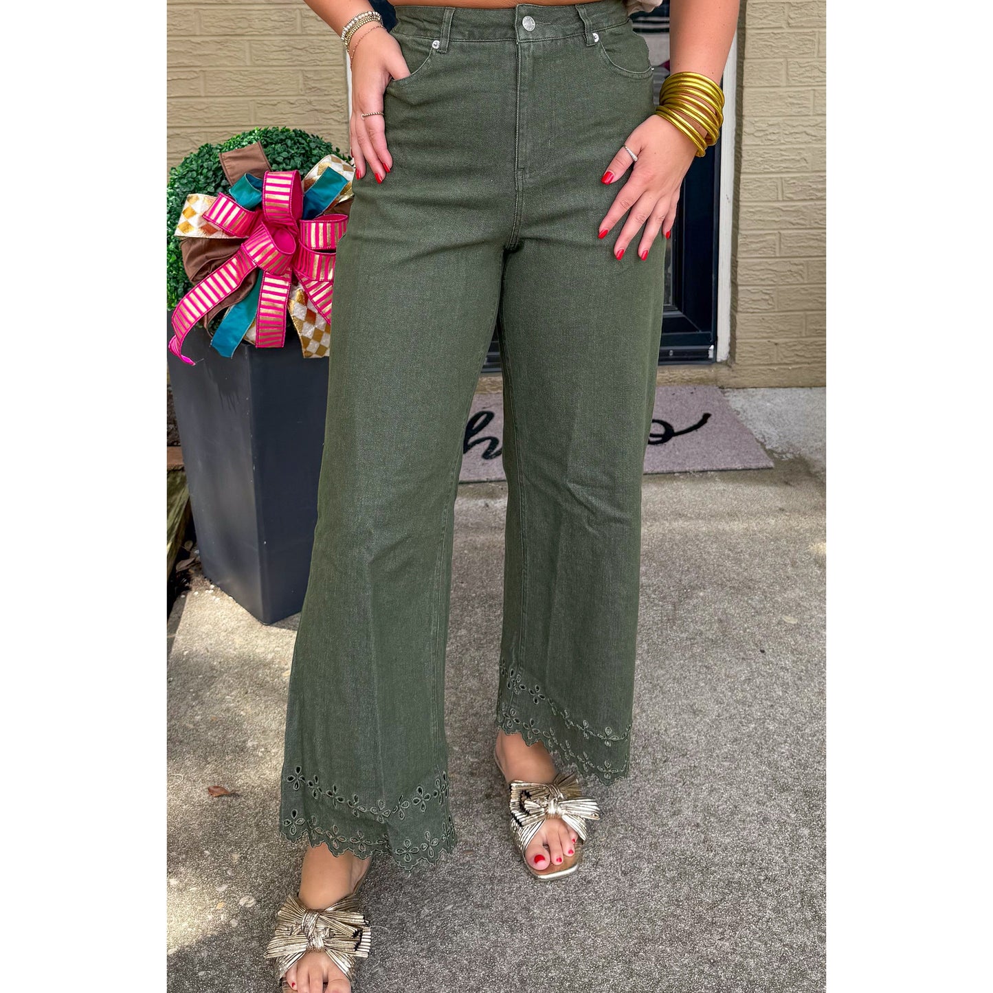 Eyelet Lace Denim Jeans, Olive Green