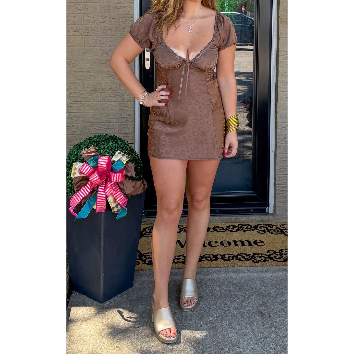 Anna Satin Cheetah Mini Dress, Mocha
