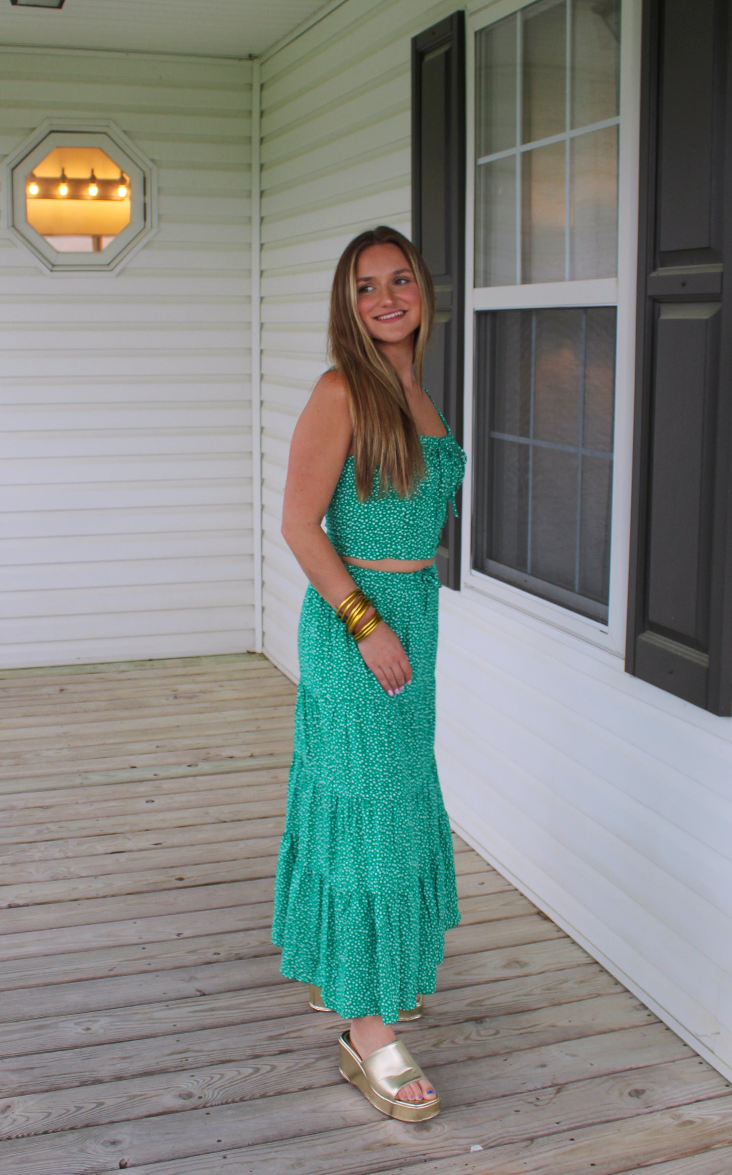 Kayla Floral Two Piece Set, Kelly Green/White