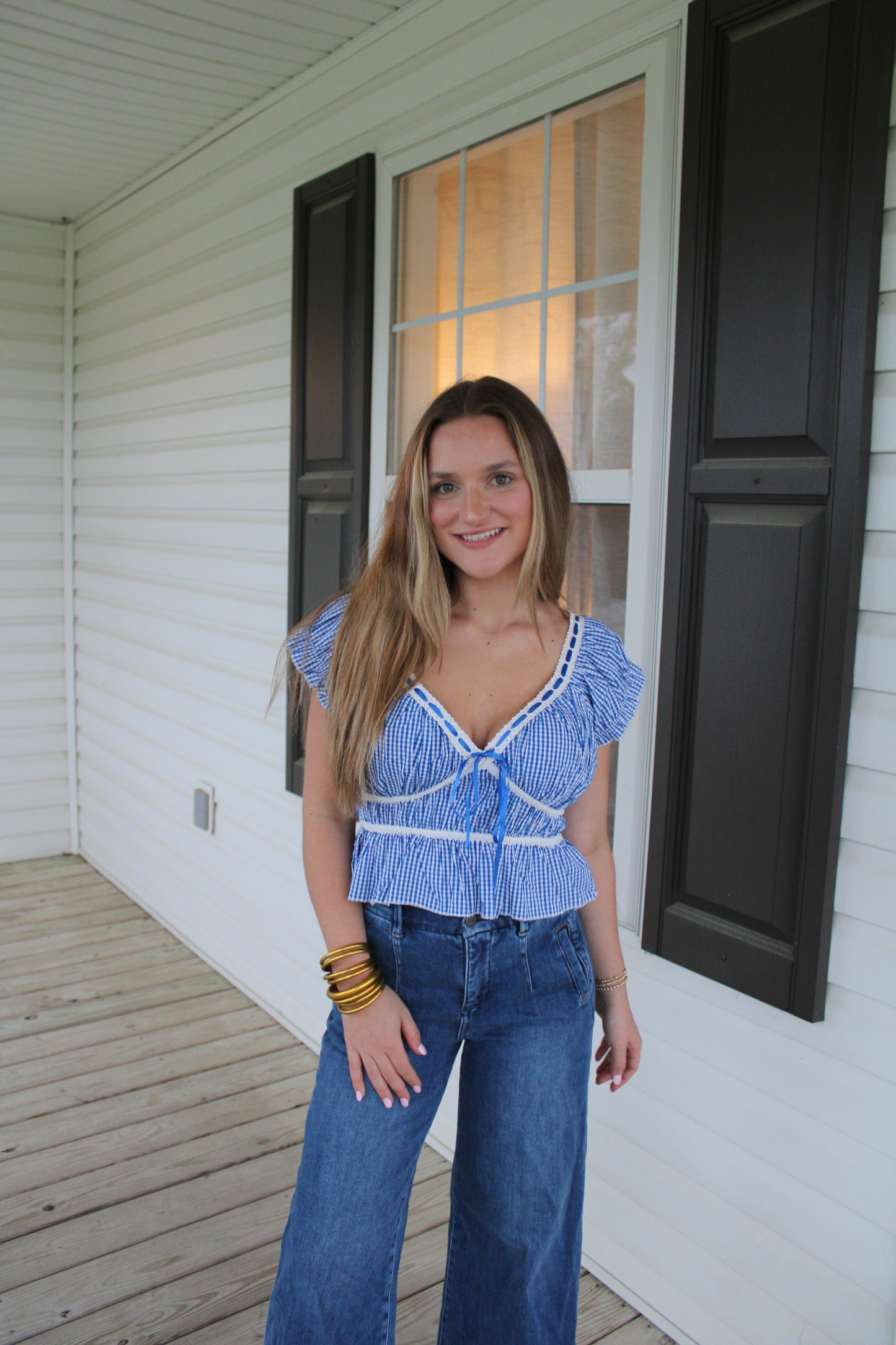 Hattie Gingham Top, Royal Blue/White