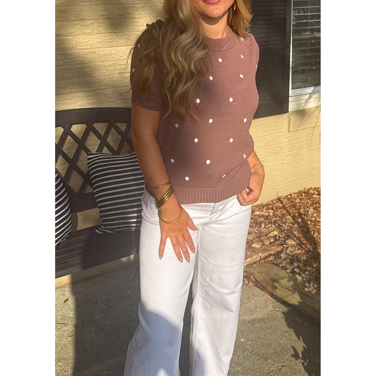 Sara Polka Dot Blouse, Brown/White