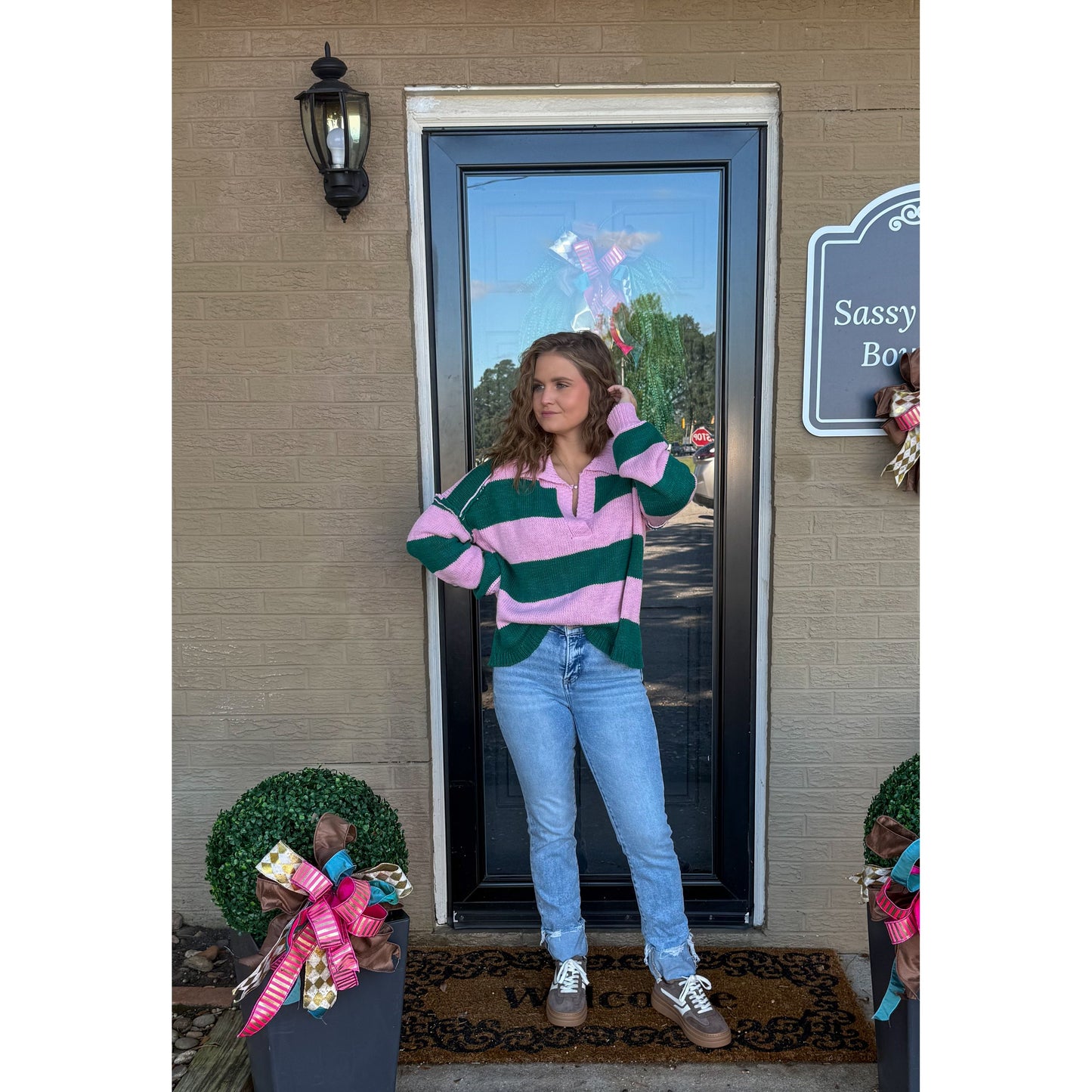 Hunter Stripe Sweater, Pink/Kelly Green