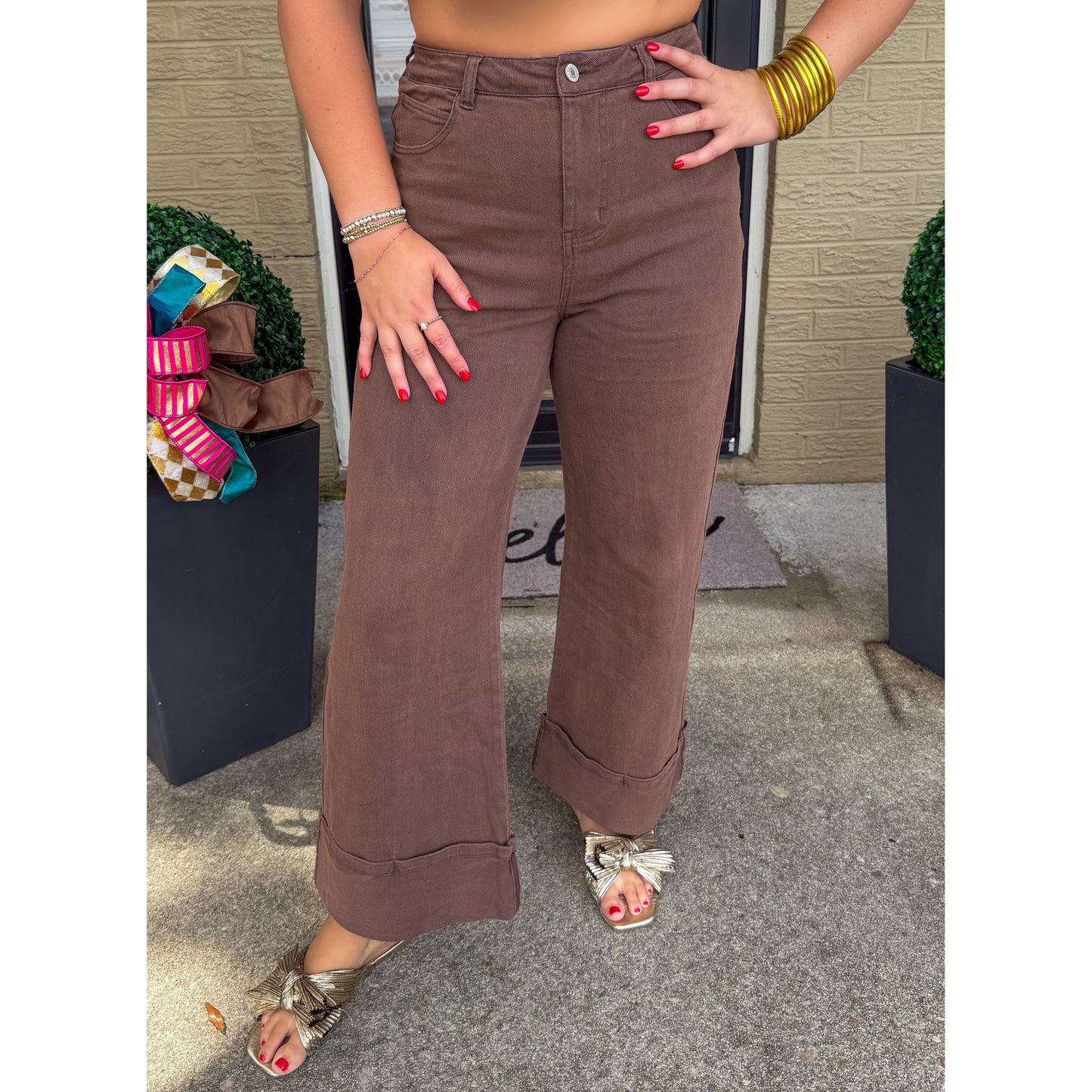 Candice Cuffed Denim Jeans, Chocolate