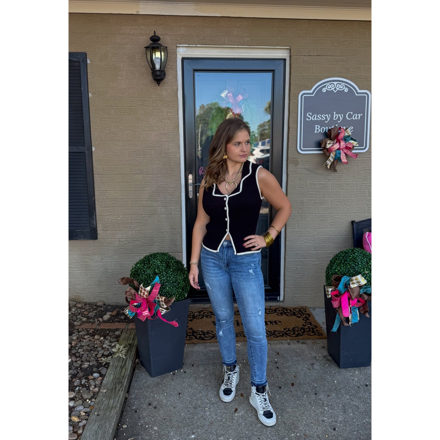 Sabrina Vest, Ivory/Black