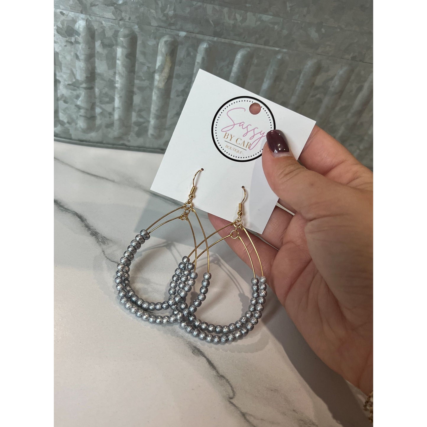 Grey Beaded Teardrop Earrings