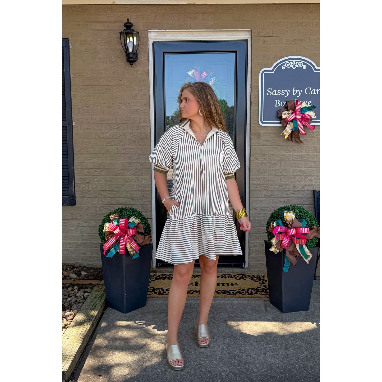 Haley Stripe Mini Dress, Cream/Olive